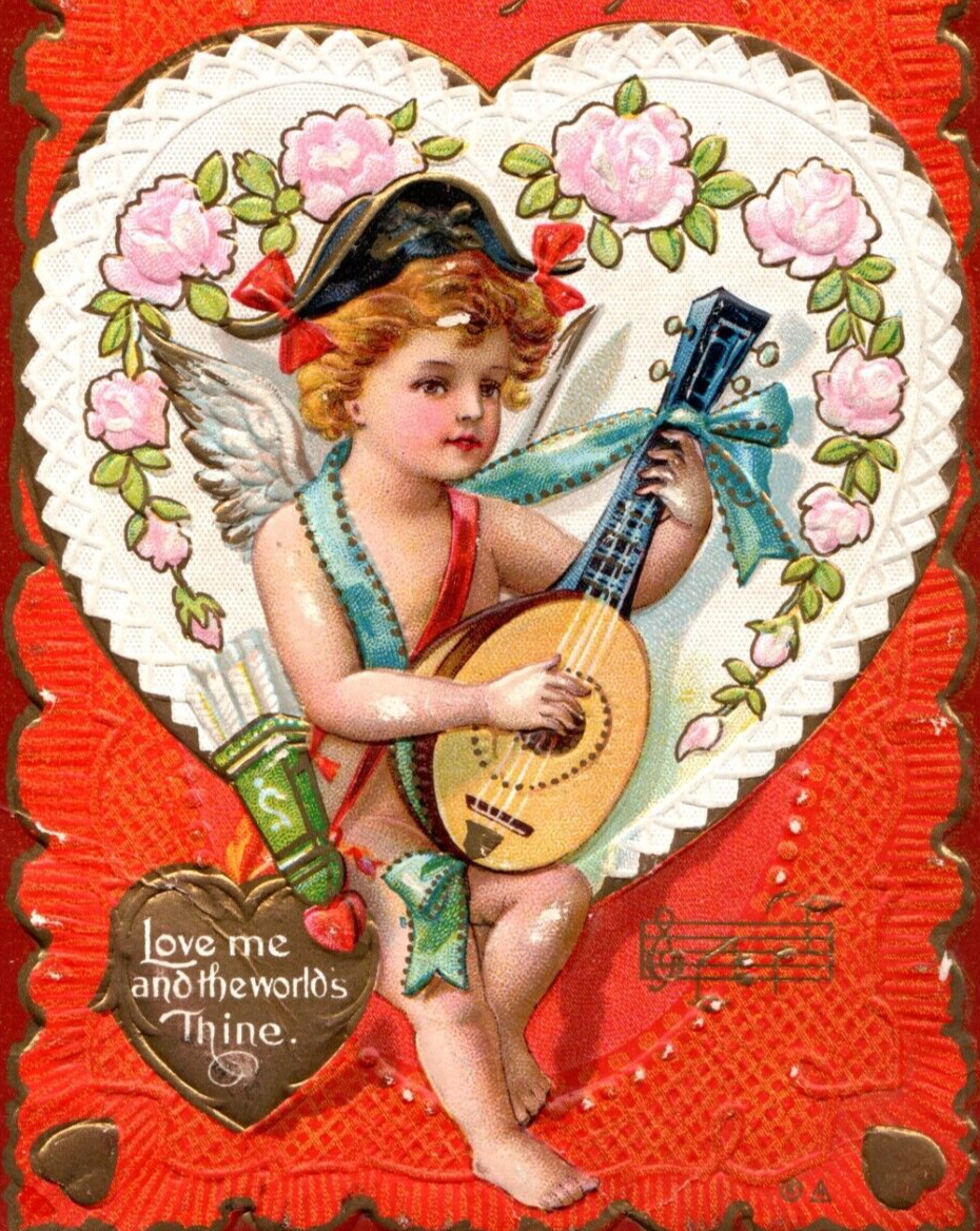 c1890 Embossed Cupid Playing Mandolin Guitar Valentine Postcard