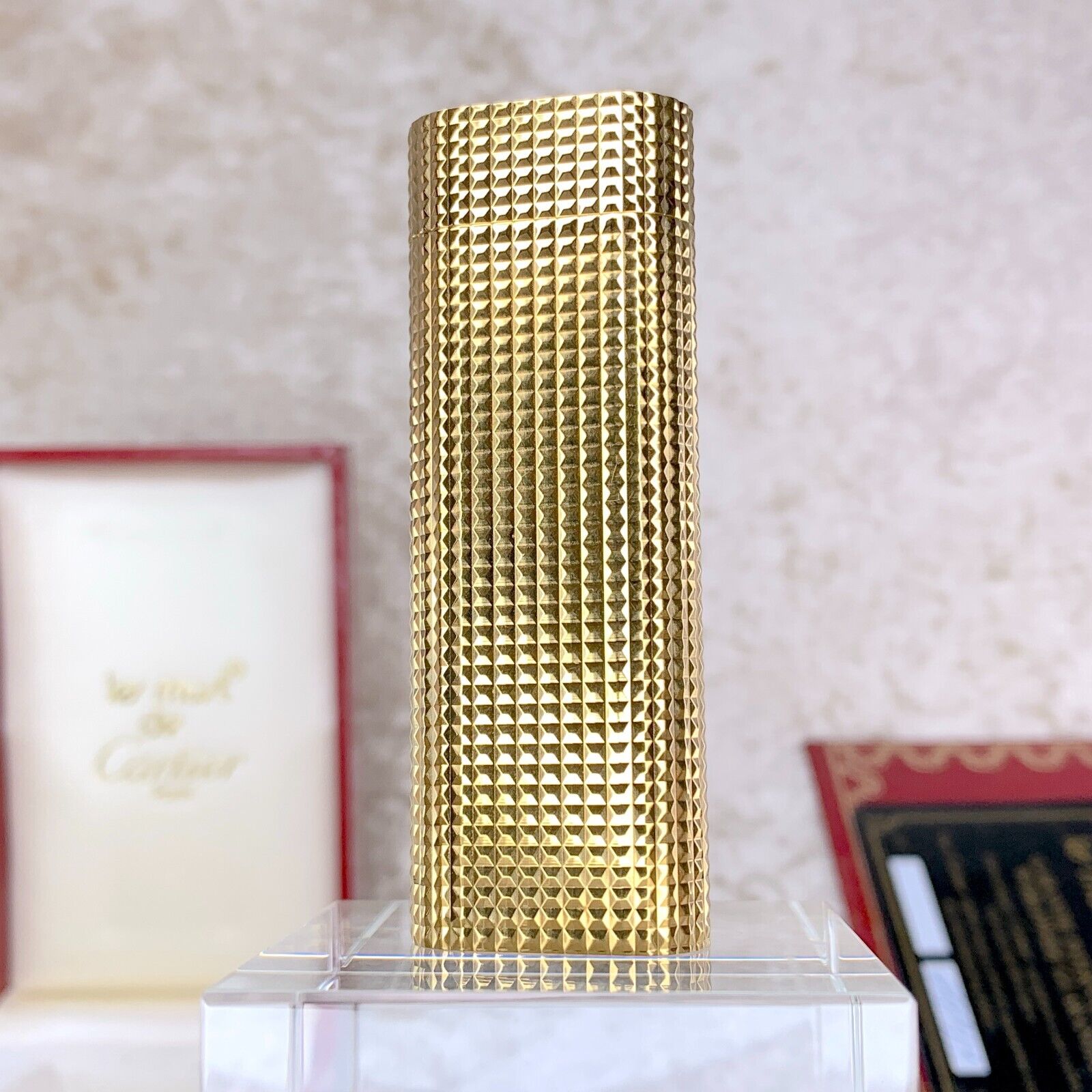 Vintage Cartier Lighter 18K Gold Finish Diamond Cut with Case & Card