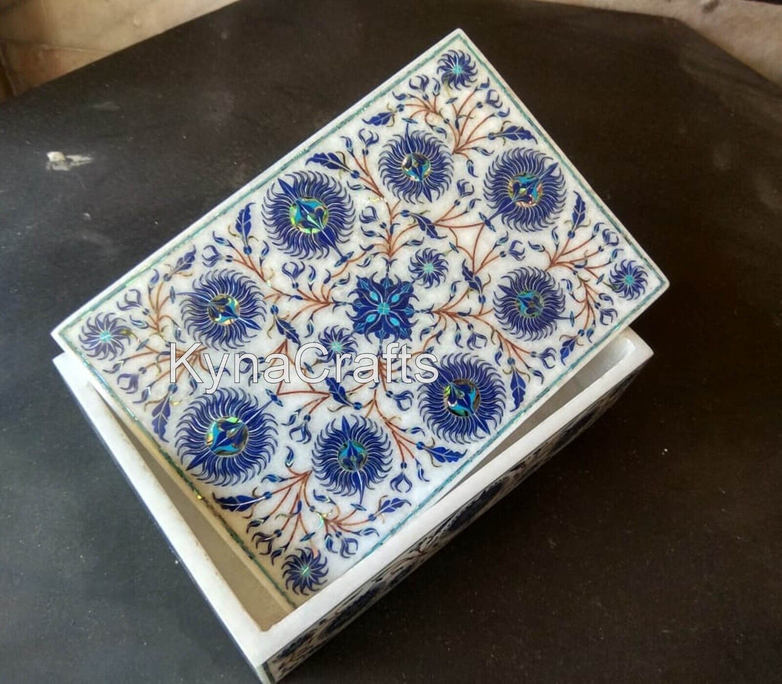 7 x 5 Inches Rectangle Marble Trinket Box Shiny Gemstone Inlay Work Tie Box