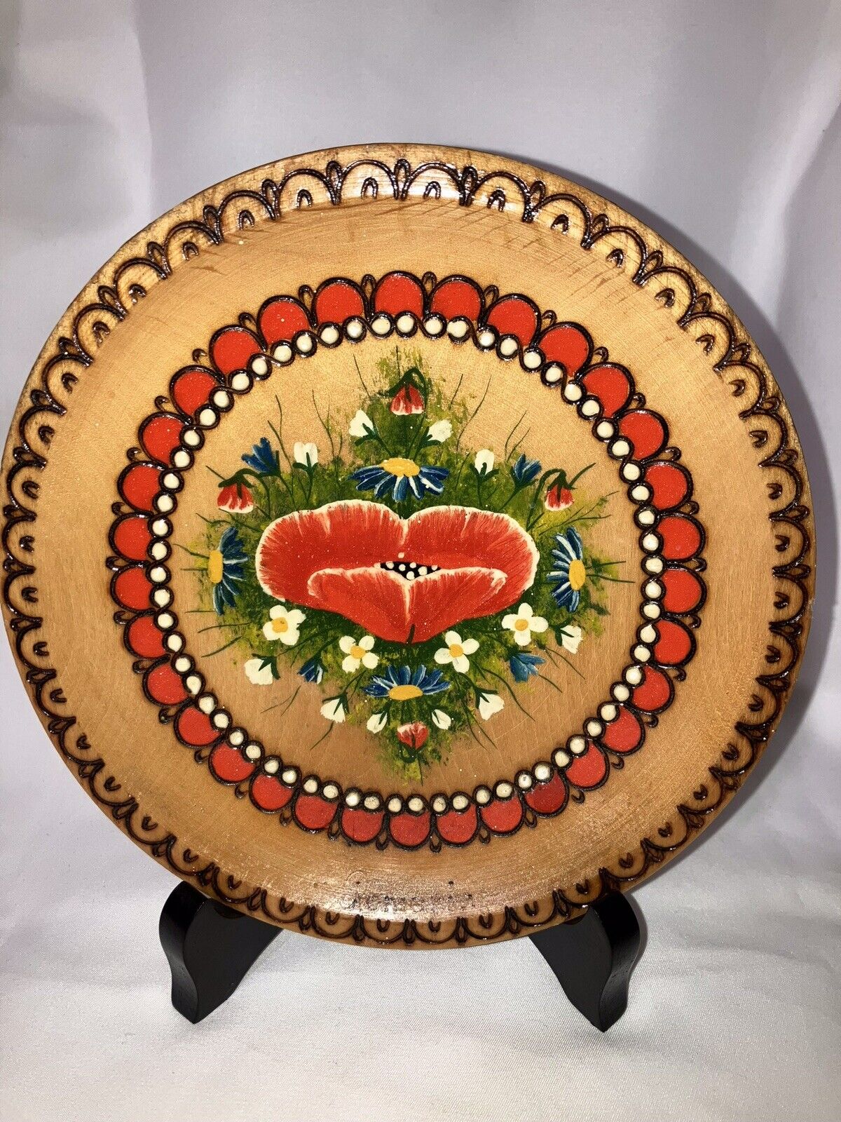 Vintage Romanian Carved Decorative Wooden Dish With Painted Poppy Flowers