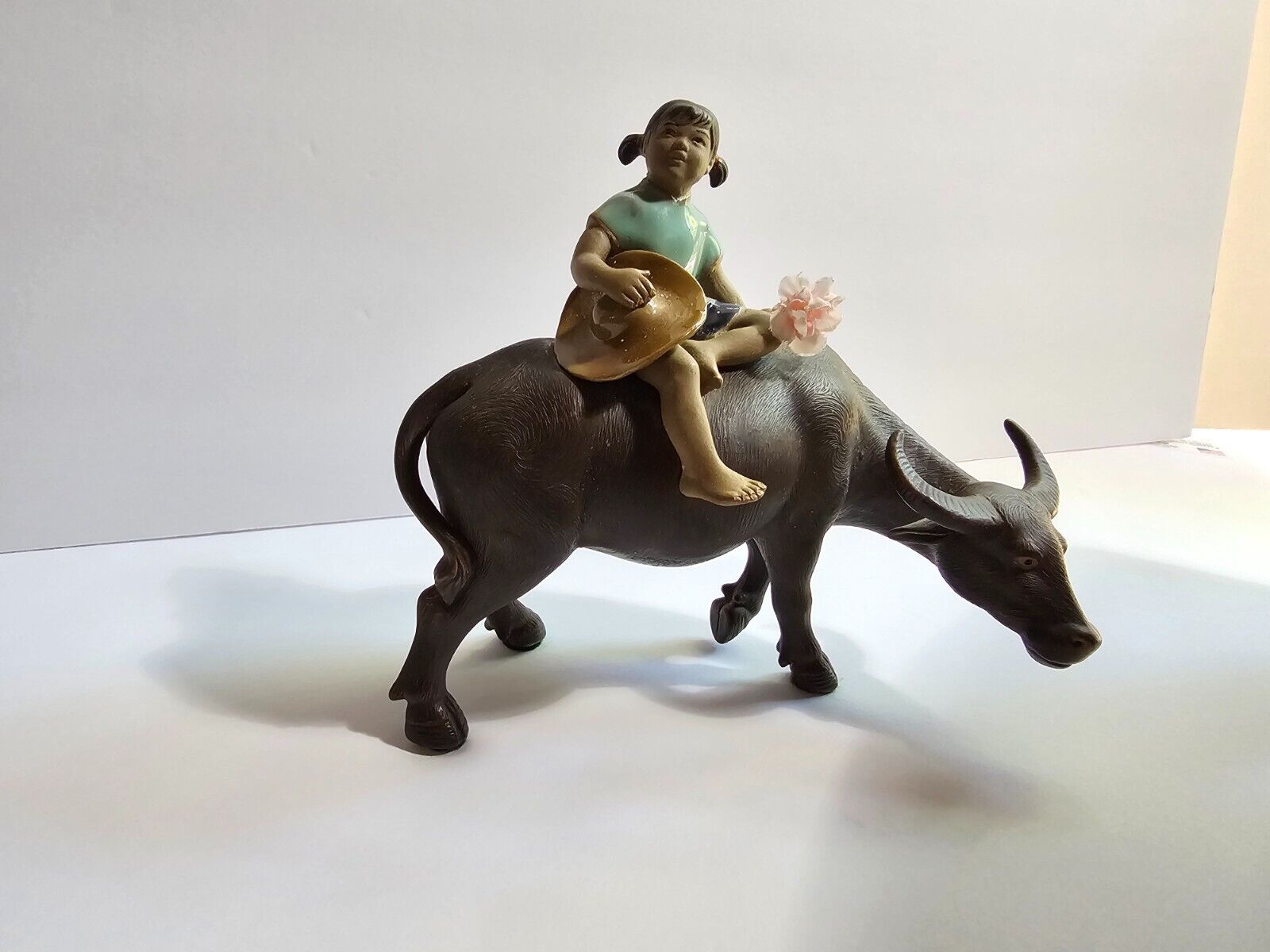 Vtg Shiwan Ceramic Figurine Chinese Girl Riding Water Buffalo, Rare 