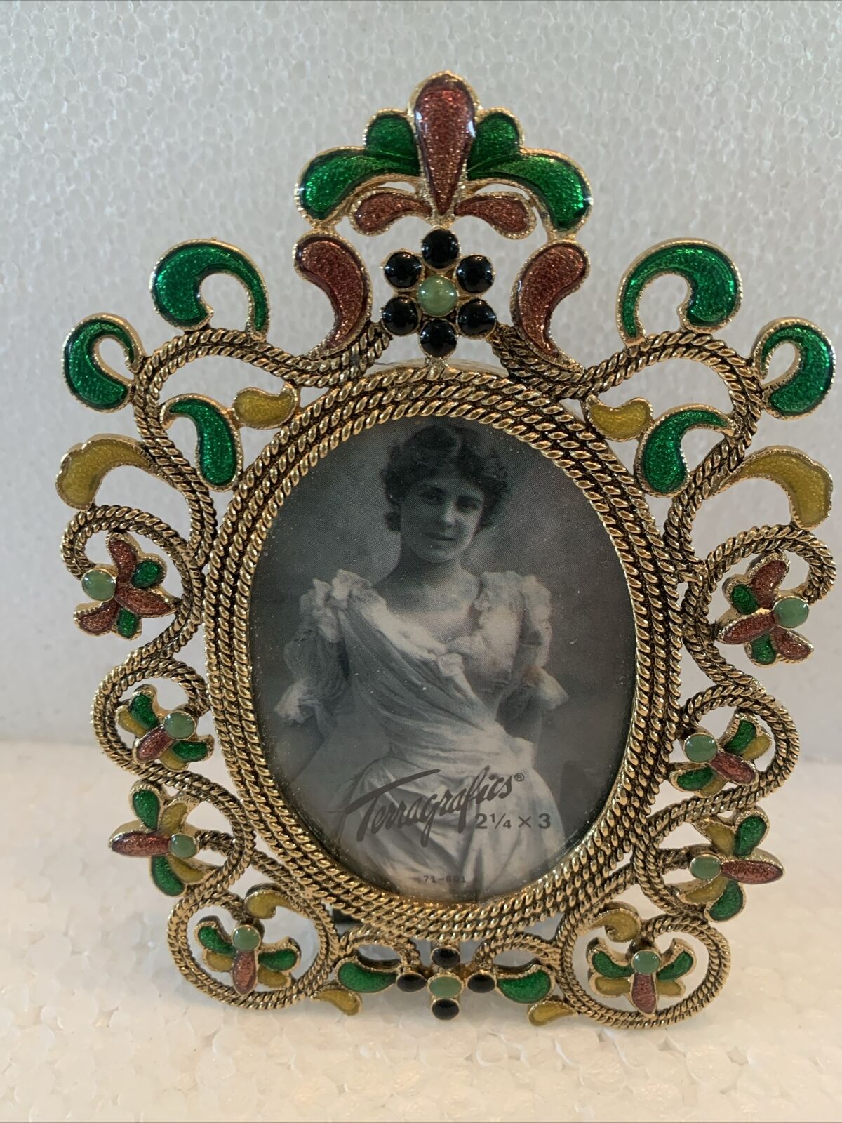 Ornate Jeweled Rococo  Green Enamel Photo Frame Floral Swag Miniature 3x2.1/4”