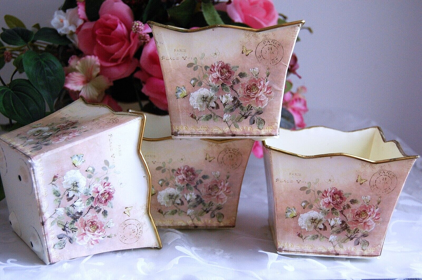 (4) Hand Painted Containers in antique floral pattern w/gold trim-JaNice Accents