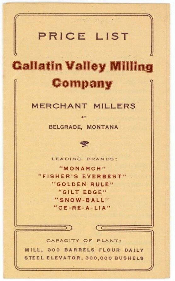 Gallatin Valley Milling Co Belgrade Montana orig 1909 Price List / Quote