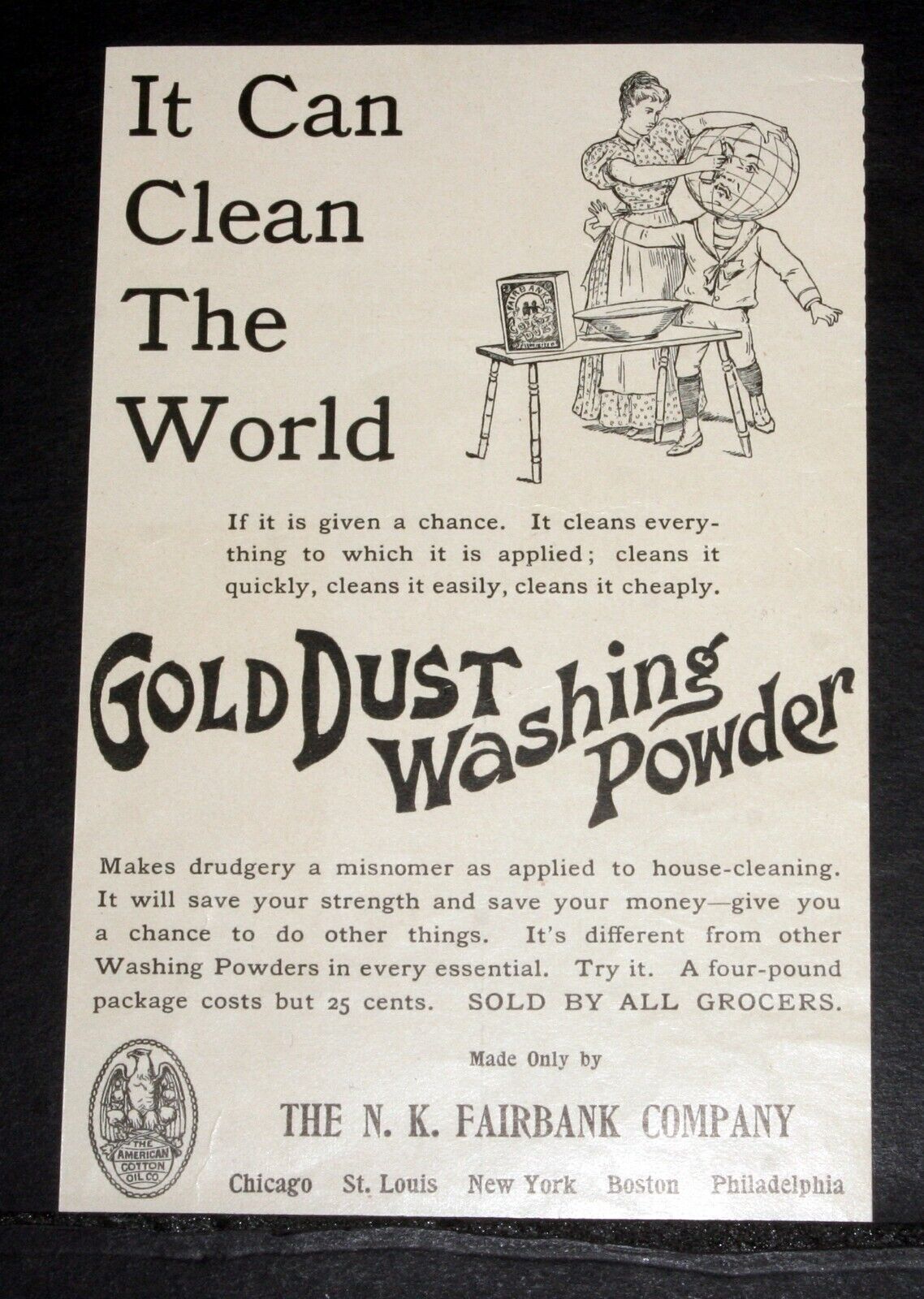 1894 OLD MAGAZINE PRINT AD, GOLD DUST WASHING POWDER, IT CAN CLEAN THE WORLD