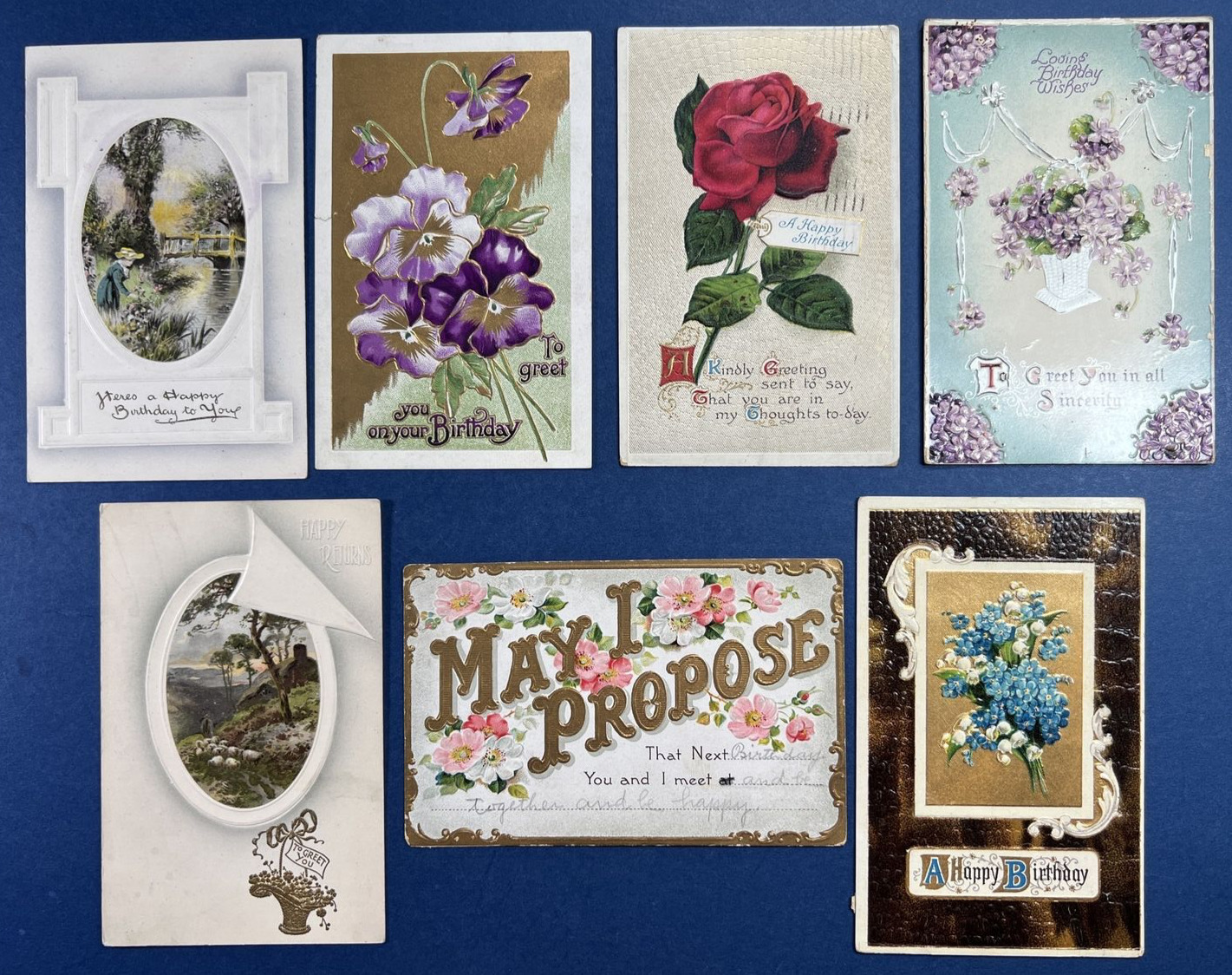 7 Mixture Birthday Antique Postcards. EMB, Gold. Flowers. Scenes. PUBL:Birn Bros
