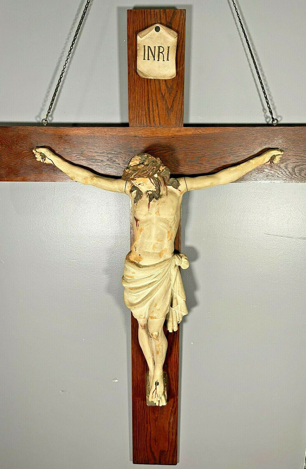 1880- 1910's Nearly 5' TALL Antique Solid Wood Hand carved Crucifix Jesus 