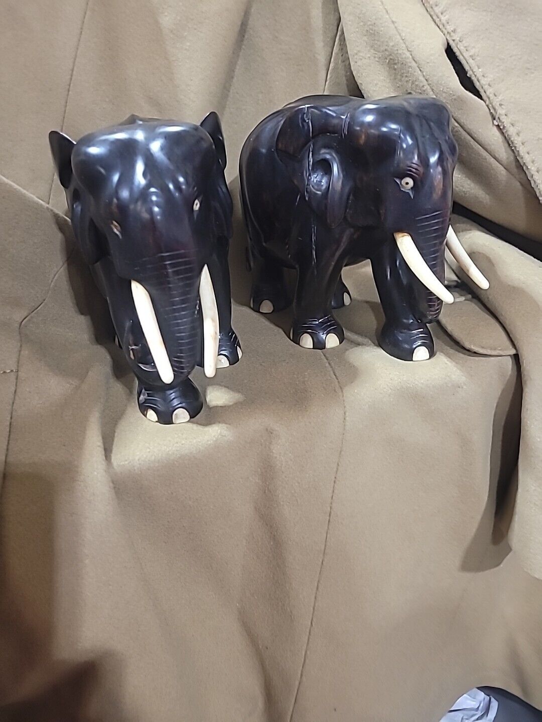 Two Vintage Ebony Wood Hand Carved Elephants 