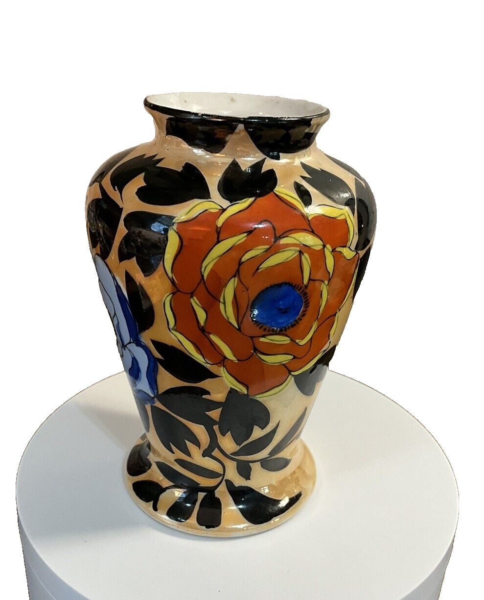 vase tan luster  glaze w multicolored floral motif #59 red mark Made In Japan