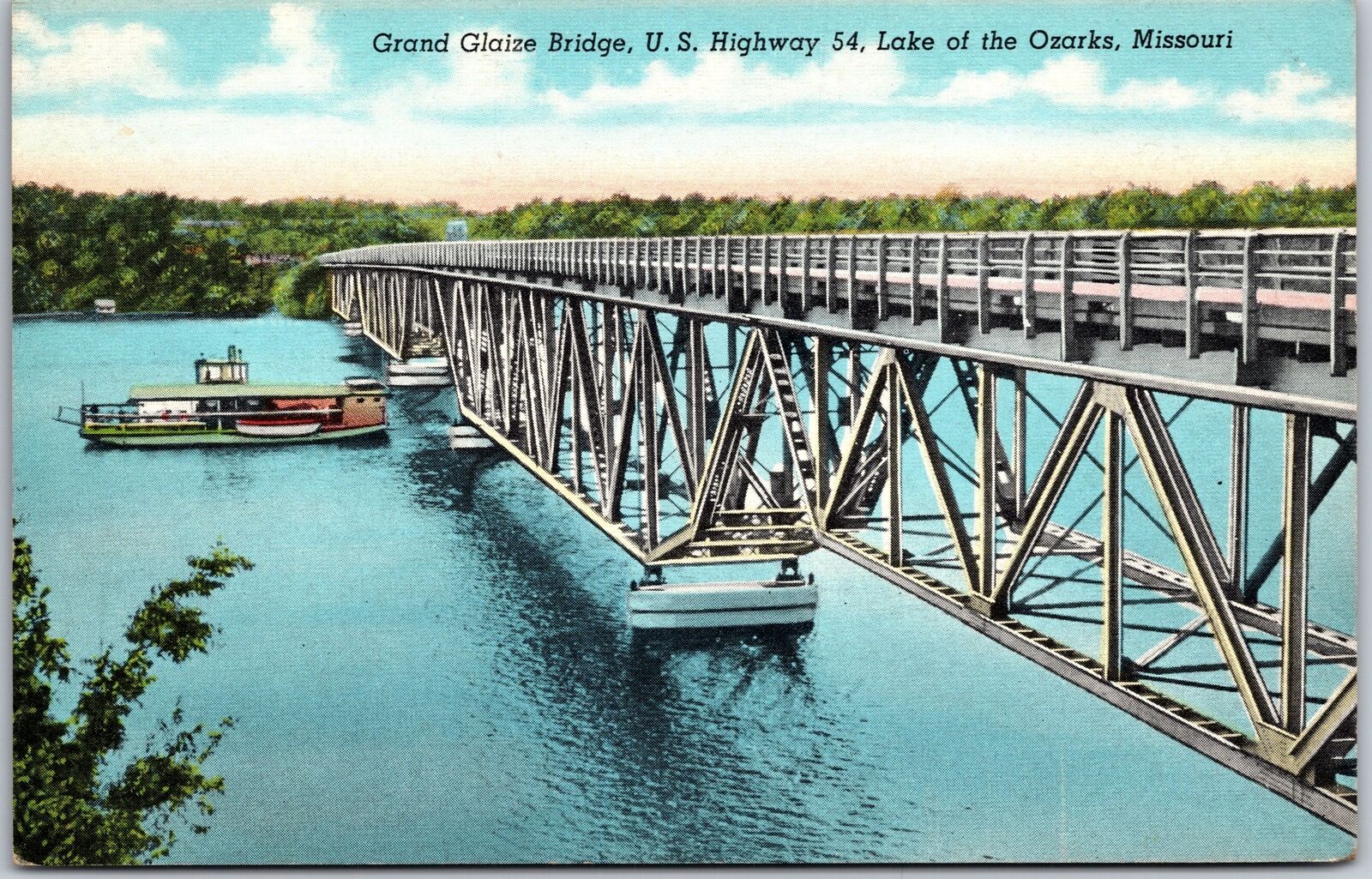 Missouri MO, Grand Glaize Bridge, US Highway 54, Lake of the Ozarks, Postcard