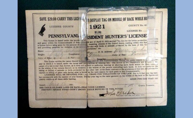 1921 antique PENNSYLVANIA RESIDENT HUNTER'S LICENSE paper hunting
