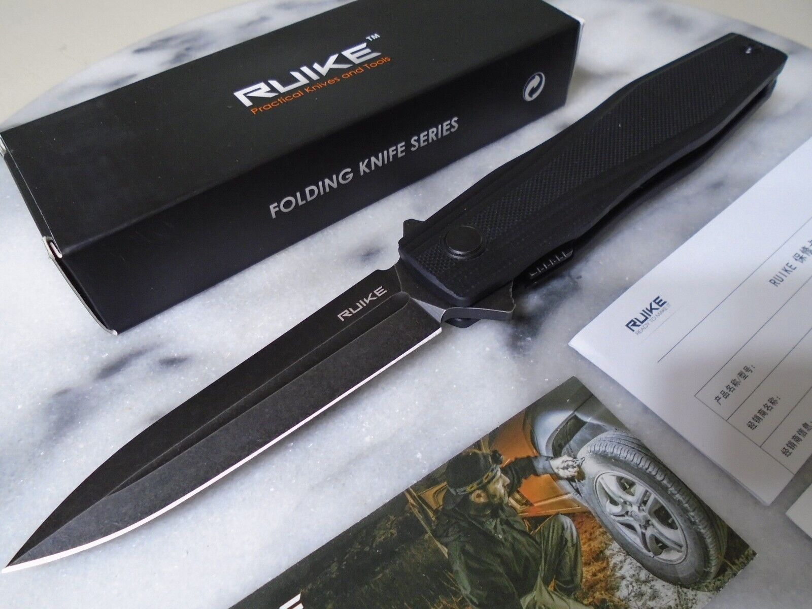 Ruike Ball Bearing Pivot Dagger Pocket Knife D2 Black G10 P188-B Safety Lock New