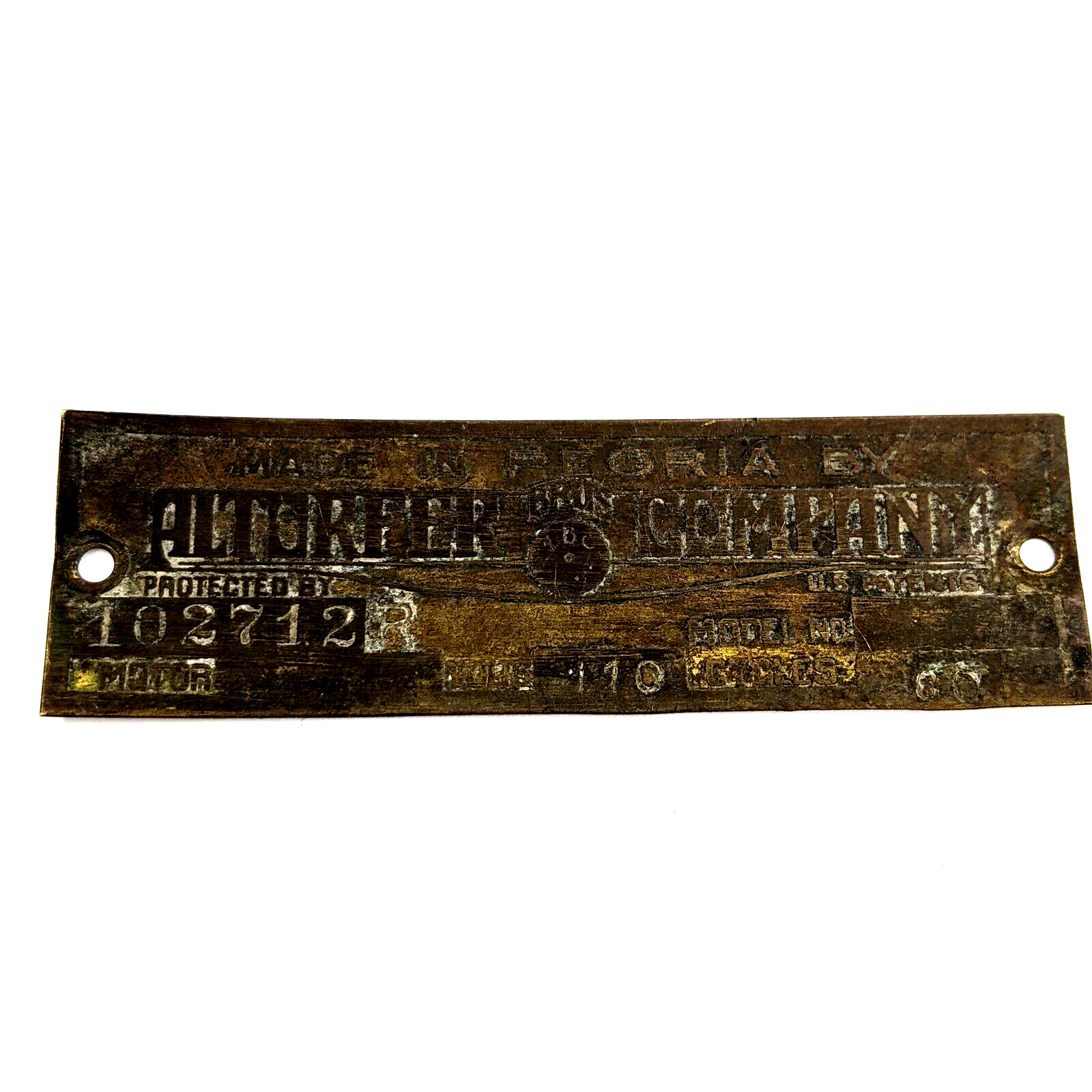 c1910s Peoria, IL Altorfer Bros Co. Electric Washing Machine Brass Name Plate 6H