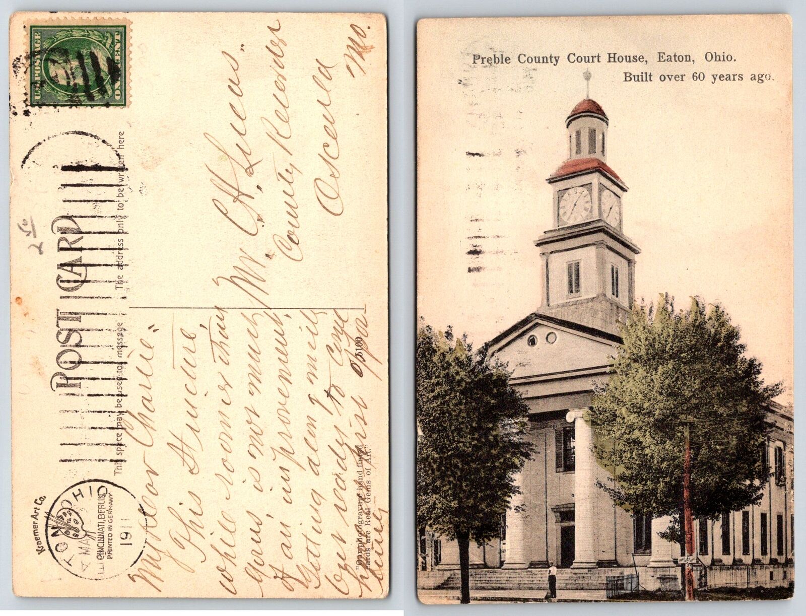 Eaton Ohio PREBLE COUNTY COURT HOUSE Hand Tinted Postcard j228