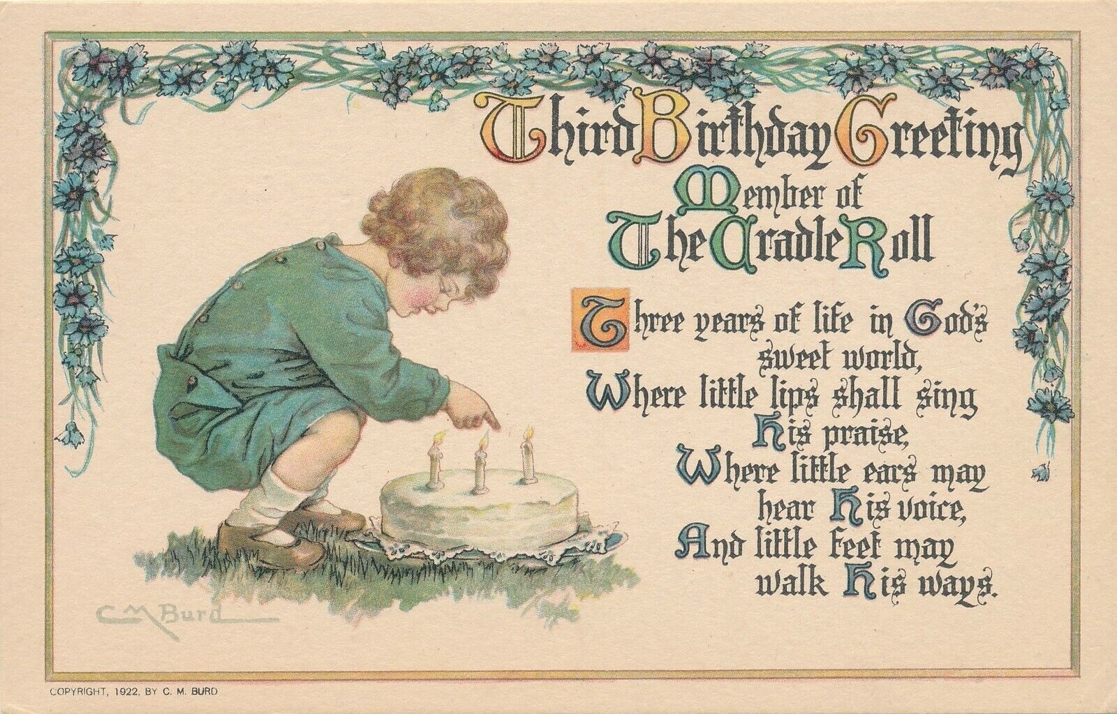BIRTHDAY - Burd Signed Child and Cake Third Birthday Greeting