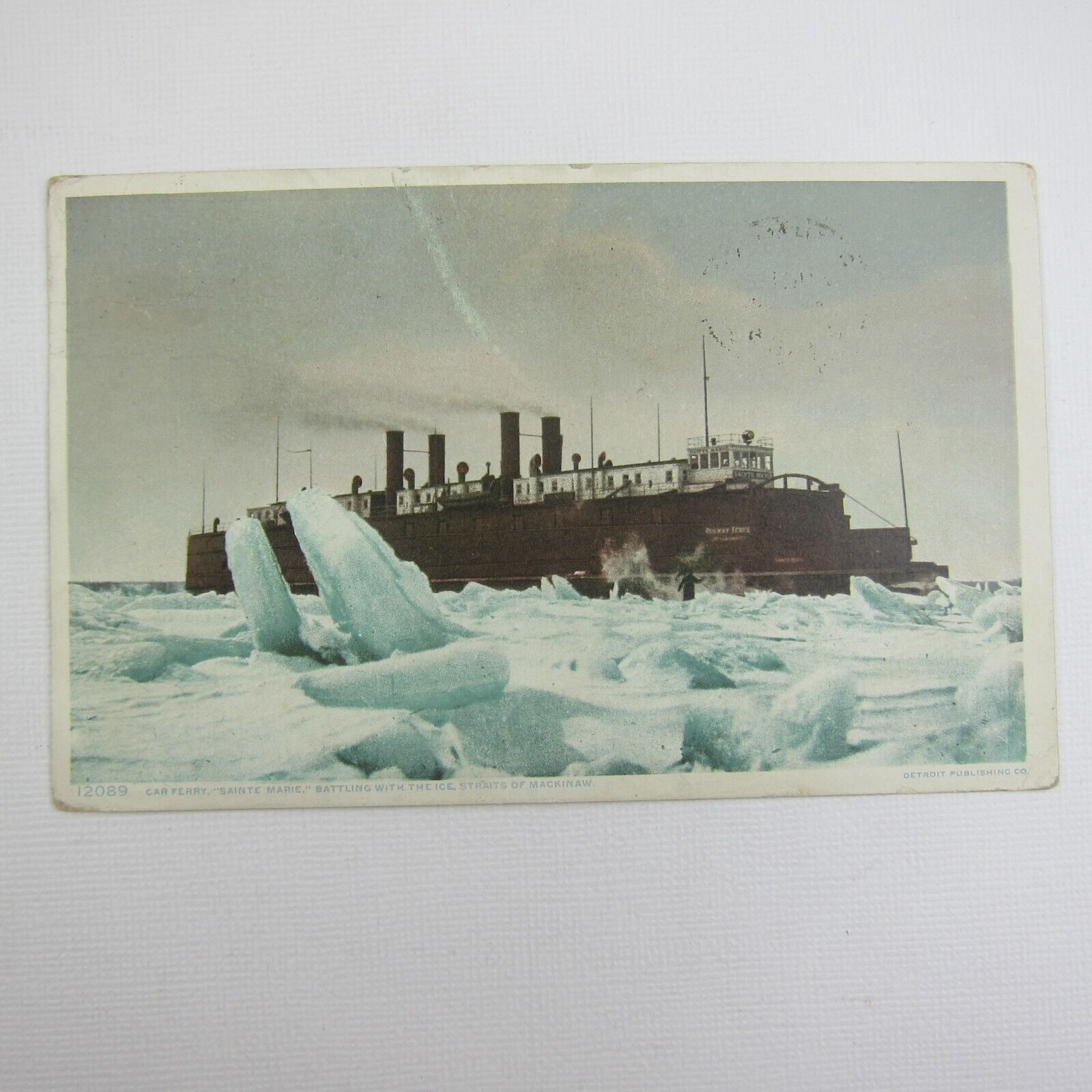 Ship Postcard Sainte Marie Antique 1908 Car Ferry Battle Ice Straits of Mackinaw