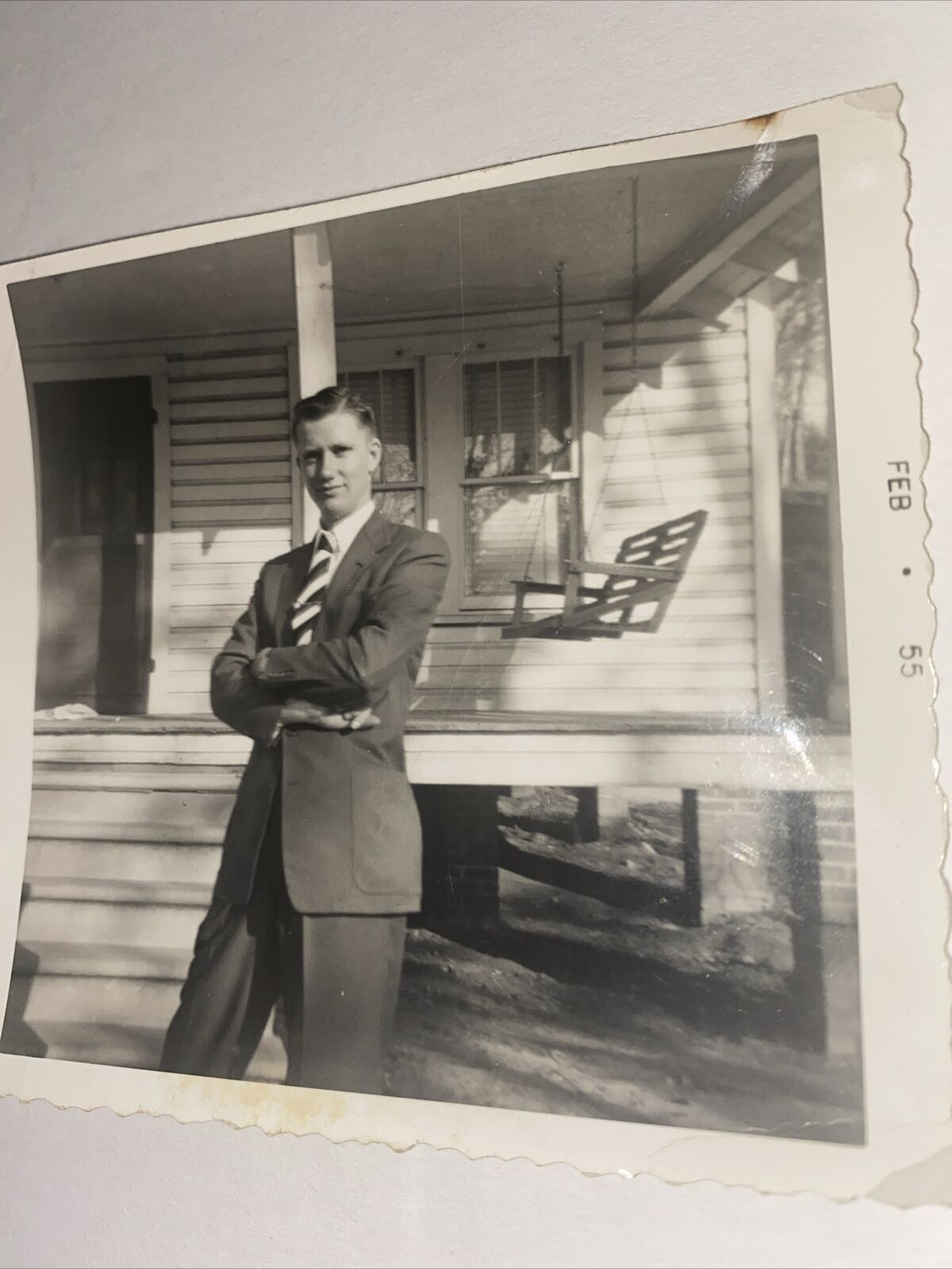 Vintage Black & White Photo Man in Suit Porch Swing Farmhouse 1955