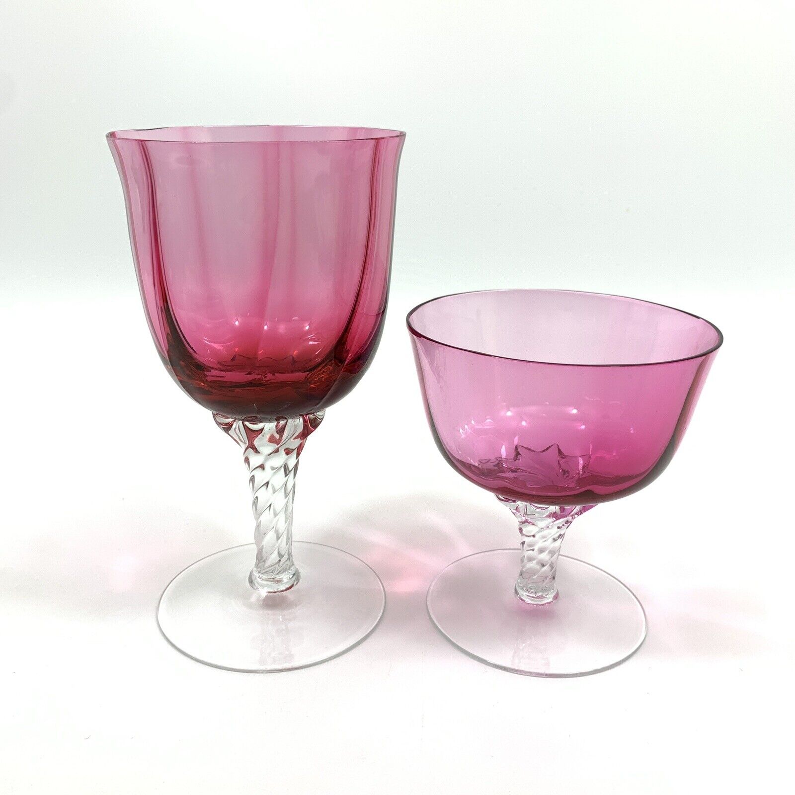 Vintage George Borgfeldt Crystal Cranberry Glass with Twist Stem Champagne Wine
