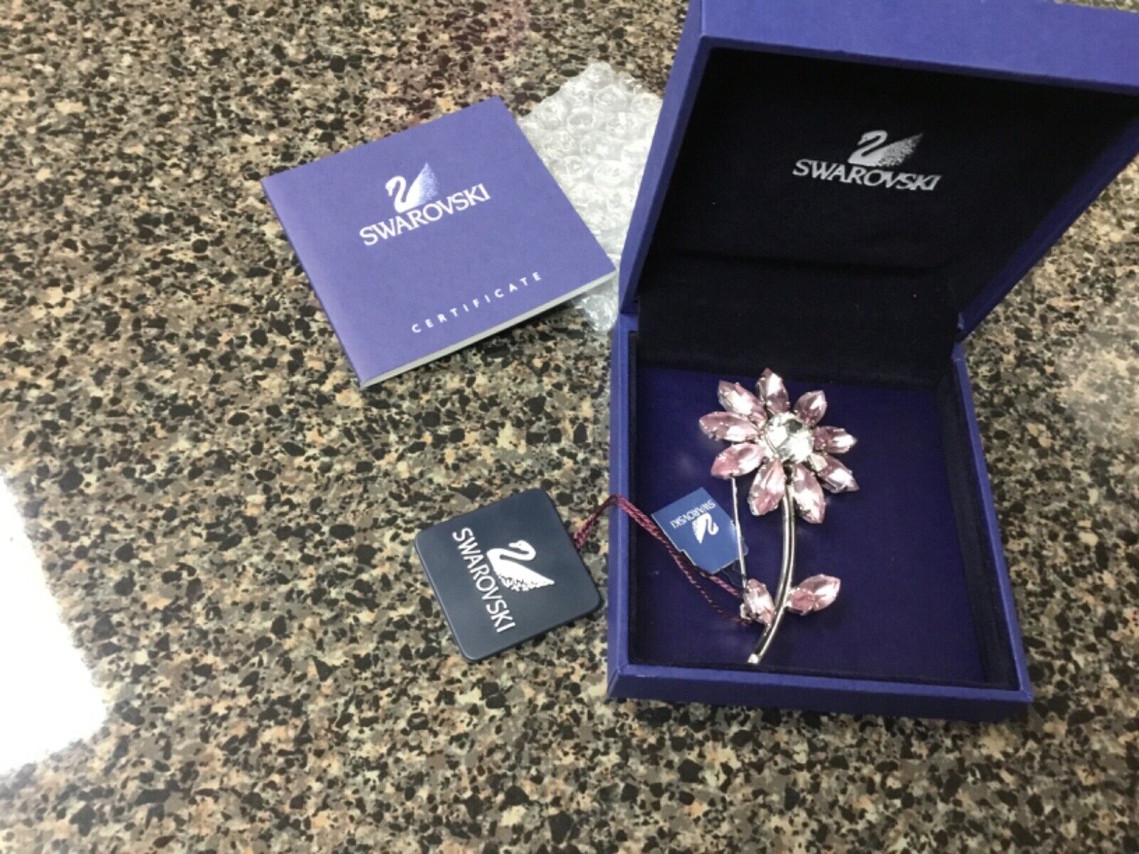 Swarovski Mauve Crystal Flower Pin Brooch with Pouch COA