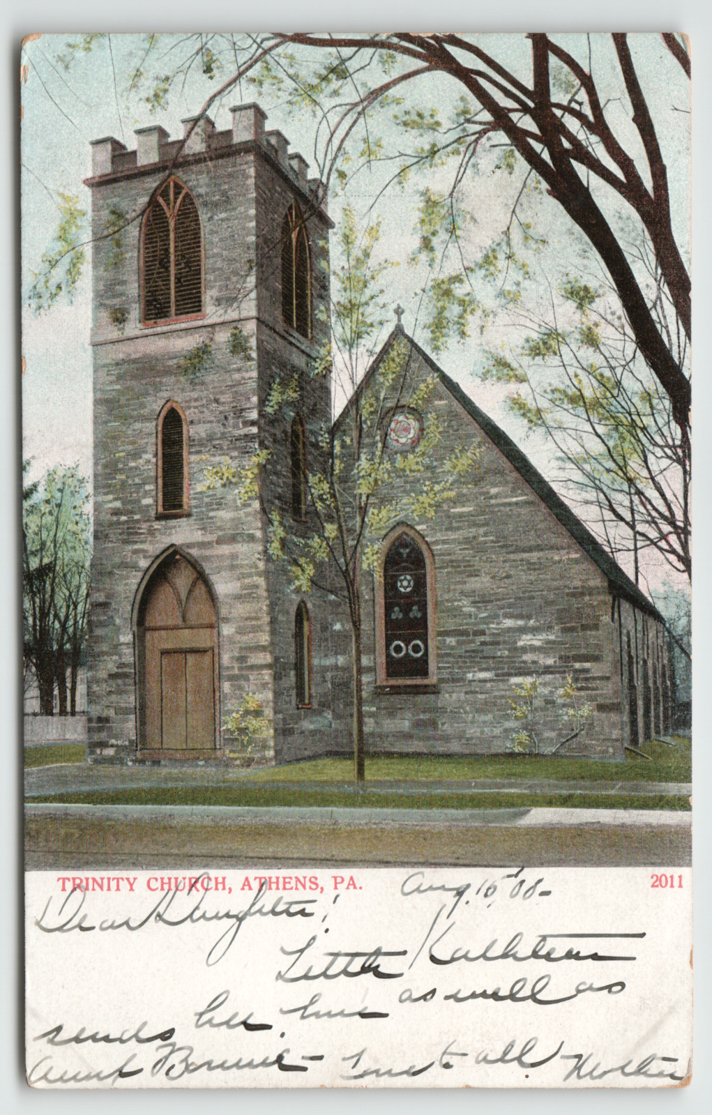 Postcard Vintage 1908 Trinity Church in Athens, PA