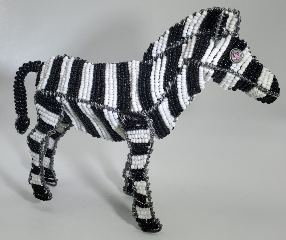Beaded, Wire Wrapped Zebra with Pink Beads for Eyes Figurine