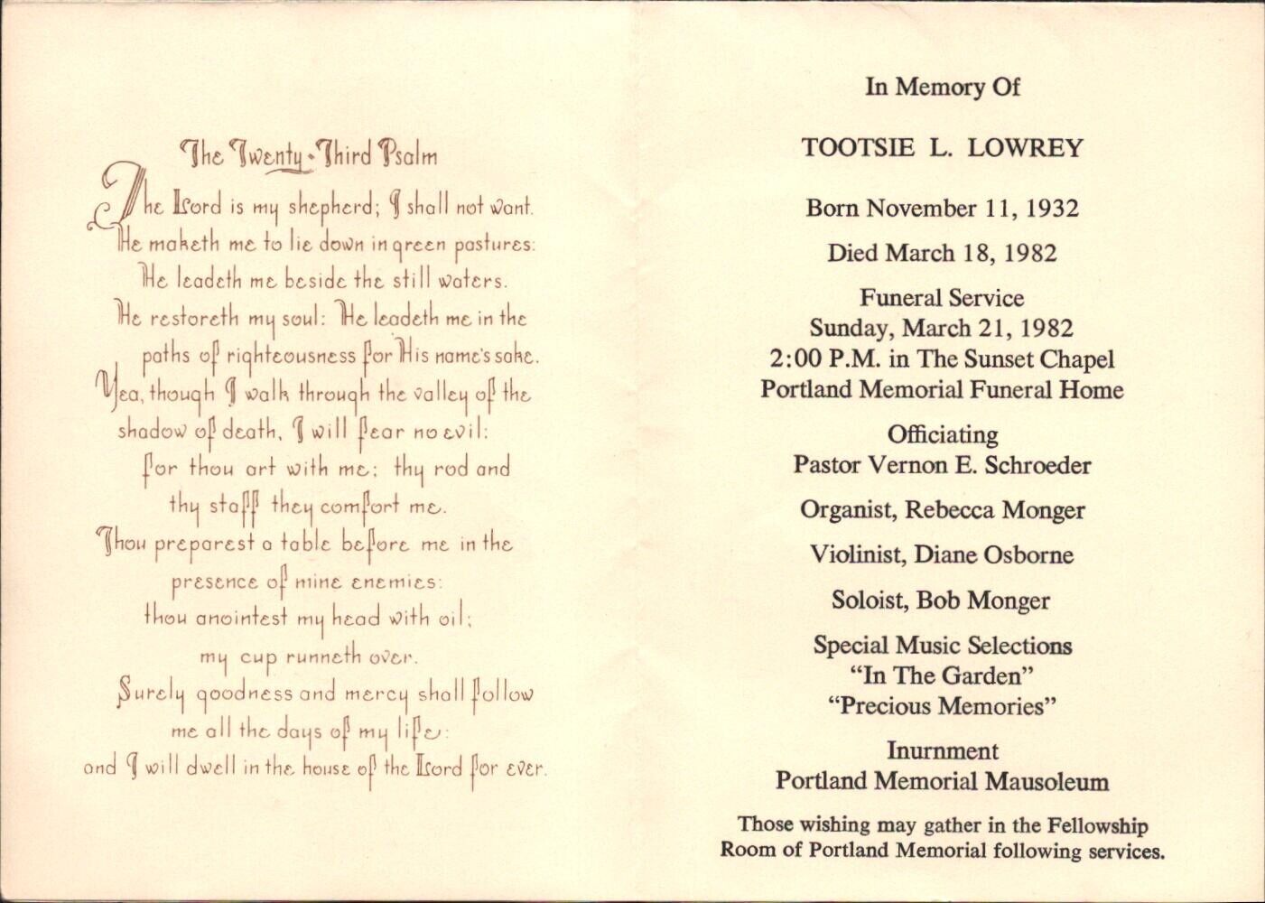 1982 MEMORIAL SERVICE vintage funeral program PORTLAND, OREGON Death, Interment
