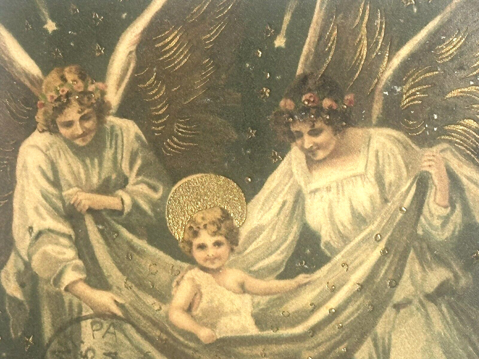 Christmas Postcard Angels Bring Jesus Carry In Blanket Night Sky Stars Udb c1903