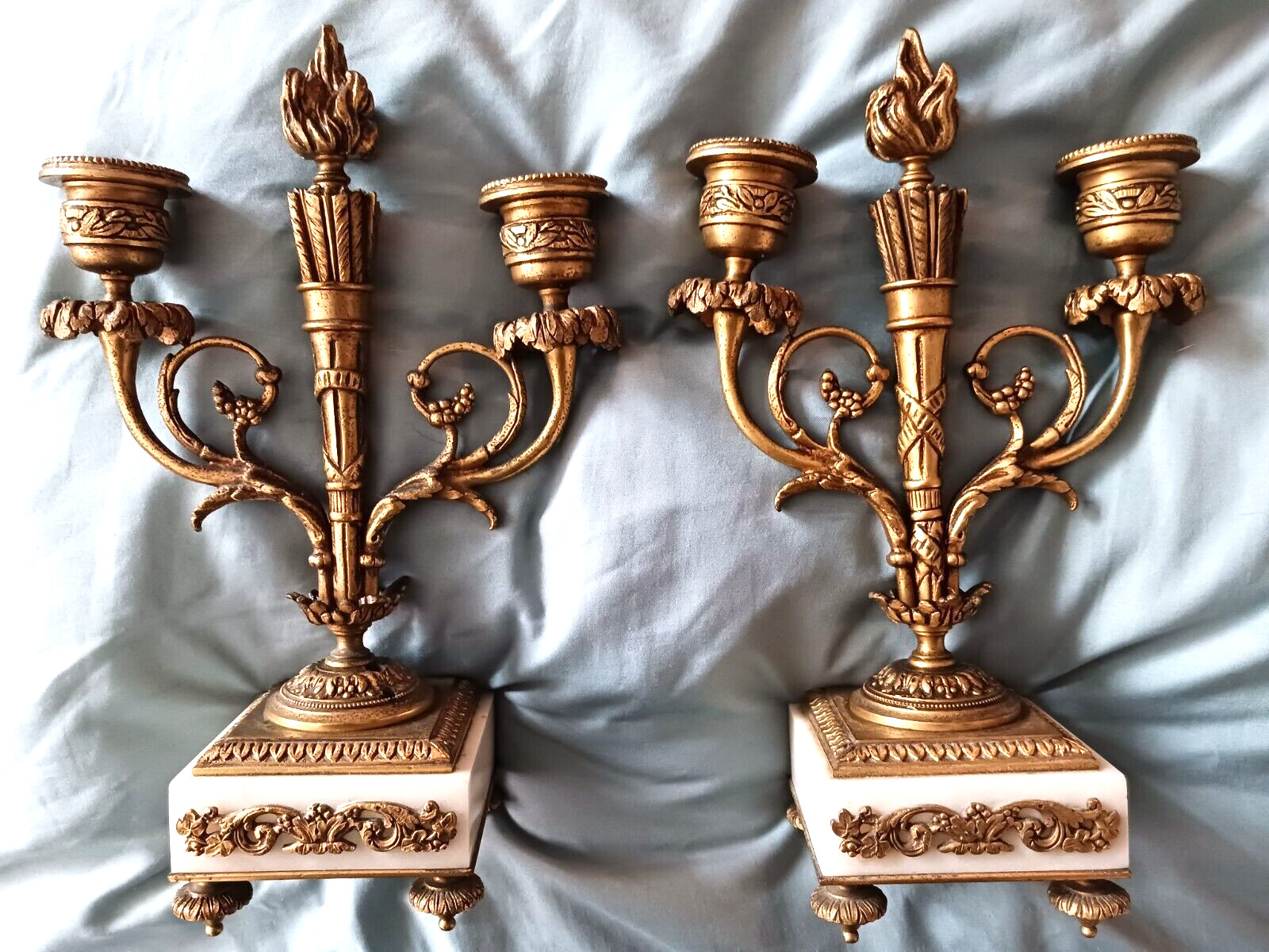 PAIR Antique Gilt Bronze & Marble Candle Candelabra French Mantle