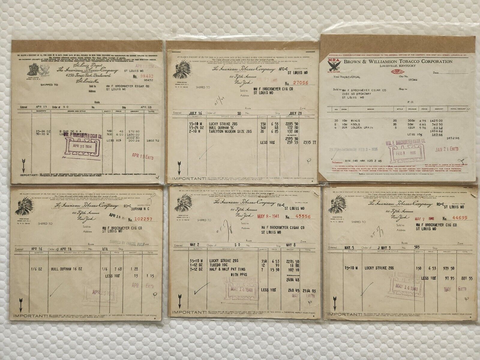 LOT OF AMERICAN TOBACCO COMPANY SALES RECEIPTS 1930\'S & 40\'S