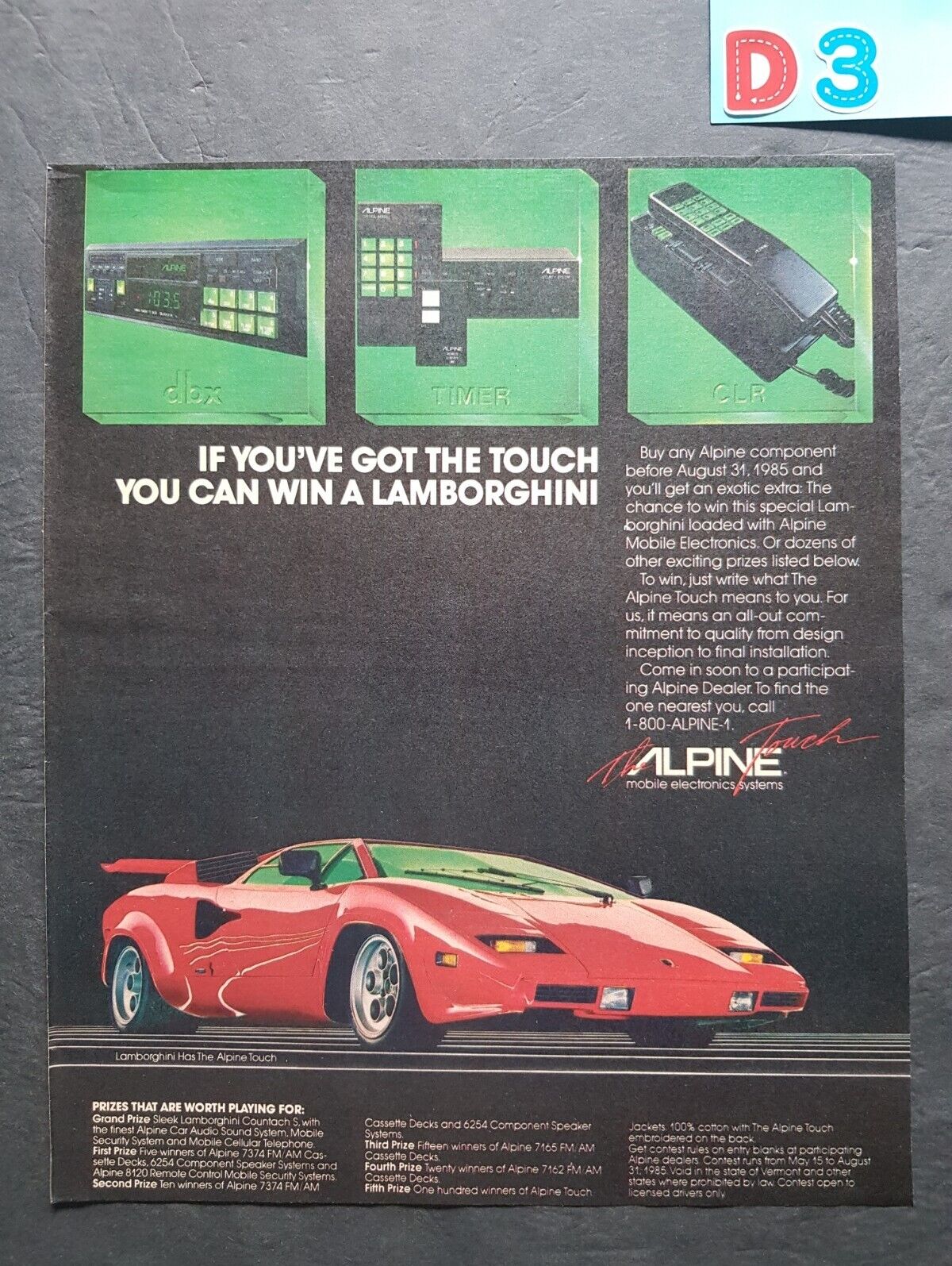 Lamborghini Alpine Electronics Promo Print Advertisement Vintage 1985