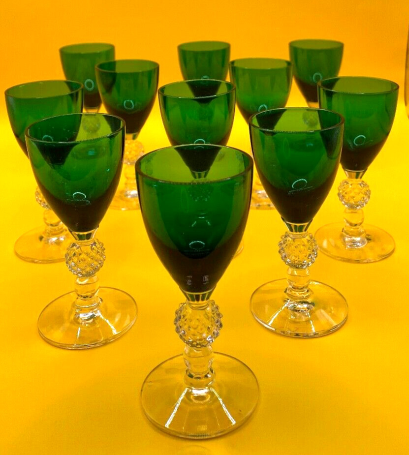Luxurious Morgantown Glass Company Green Golf Ball Cordials Set of 11