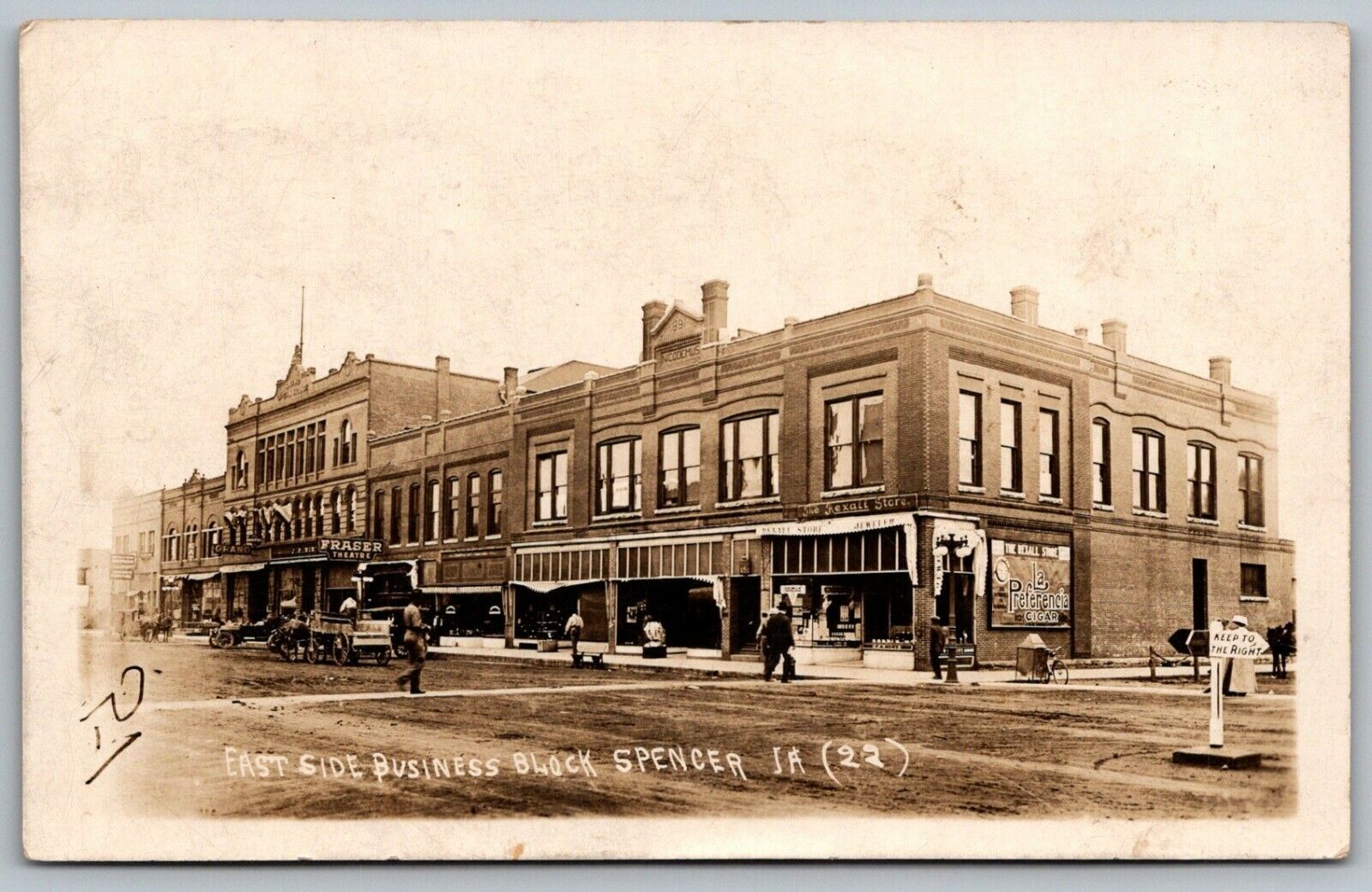 Spencer Iowa~East Side Business Block~Fraser Theatre~Grand~Rexall~1915 RPPC