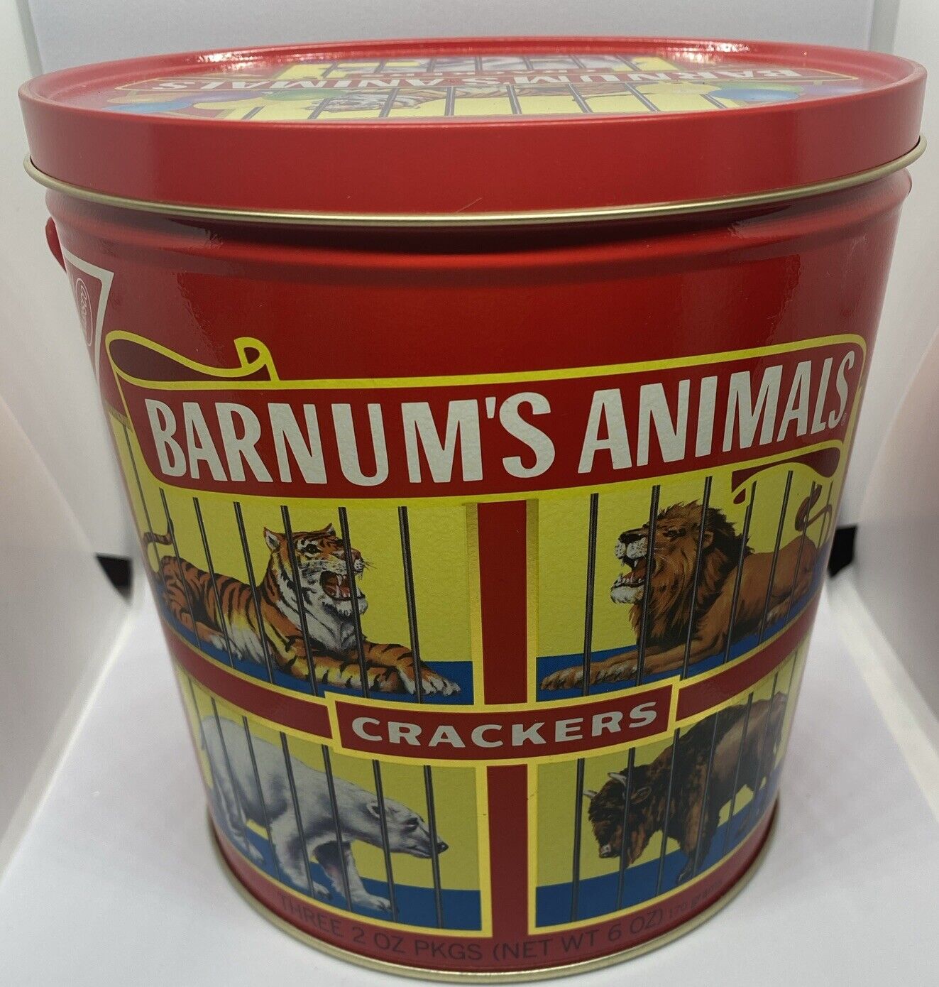 Nabisco Barnum\'s Animal Cracker Tin Pail w/ Plastic Handle & Lid Vintage 1991