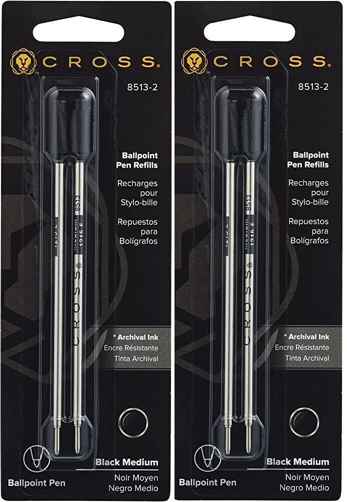Cross Genuine Ballpoint Pen Refills, #8513, Black Medium, 2 Packs, 4 Refills