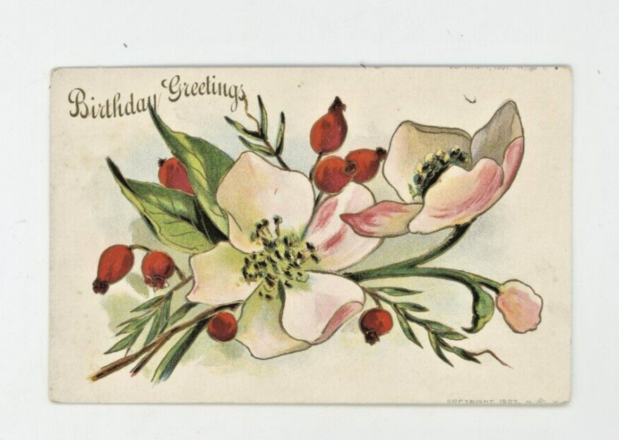 Vintage Birthday Postcard  WHITE  FLOWERS   GOLD   EMBBOSSED   UNPOSTED
