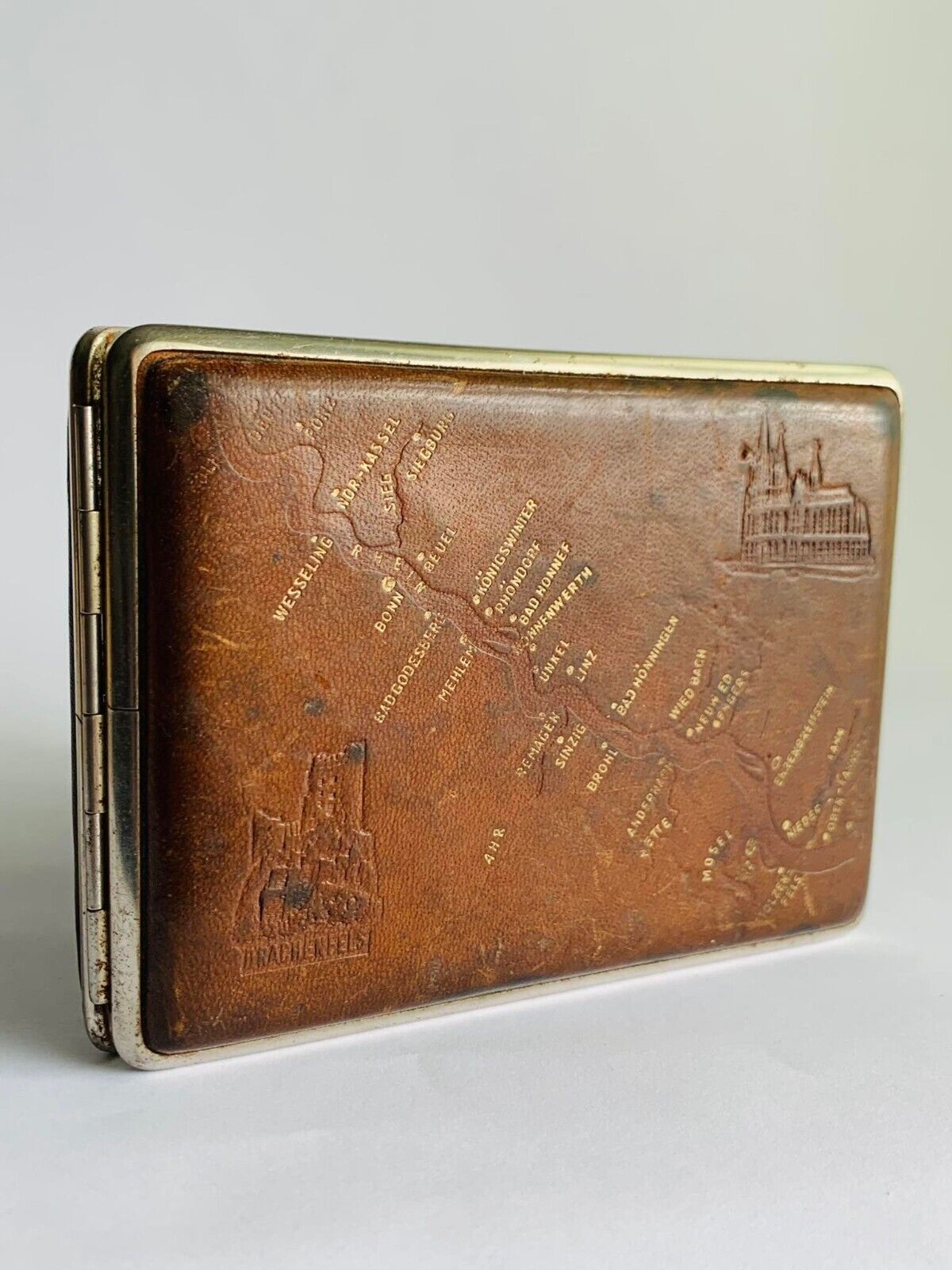 1950\'s Vintage Leather Germany Cigarette Case Embossing on Leather Drachenfels
