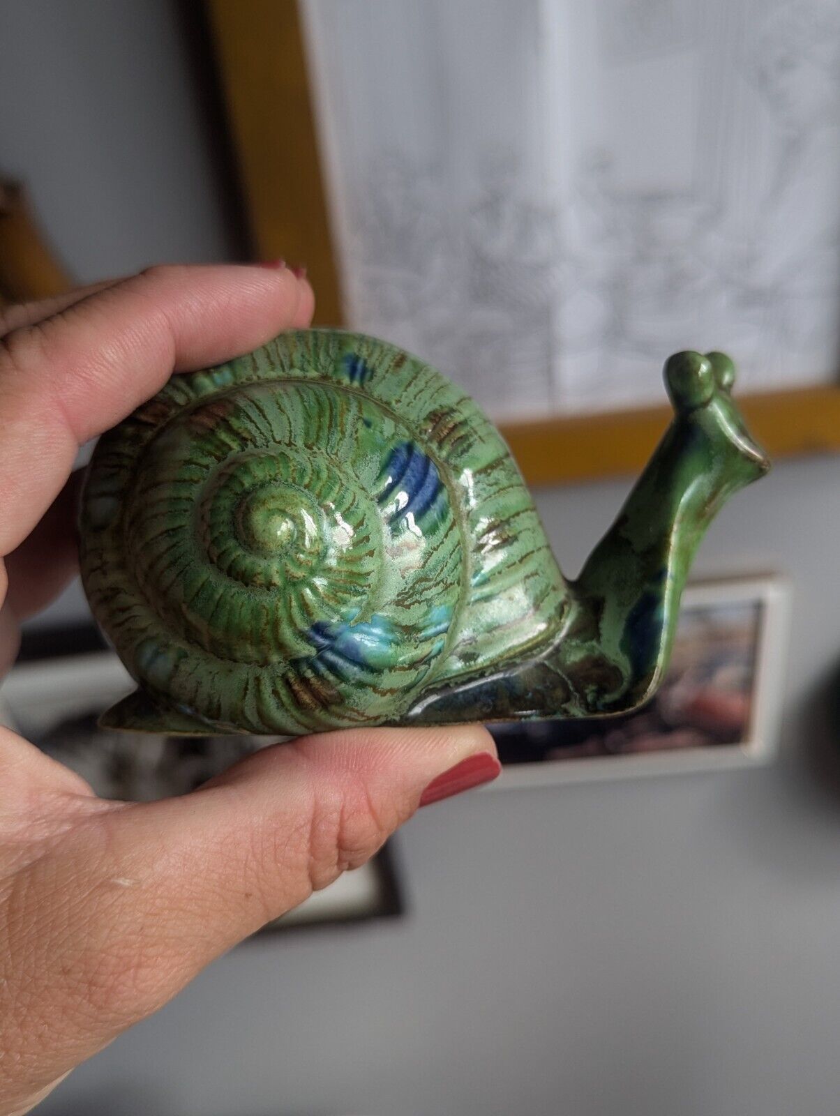 Vintage American Ceramics Snail Handmade Glazed Pottery Green Blue Mid century 