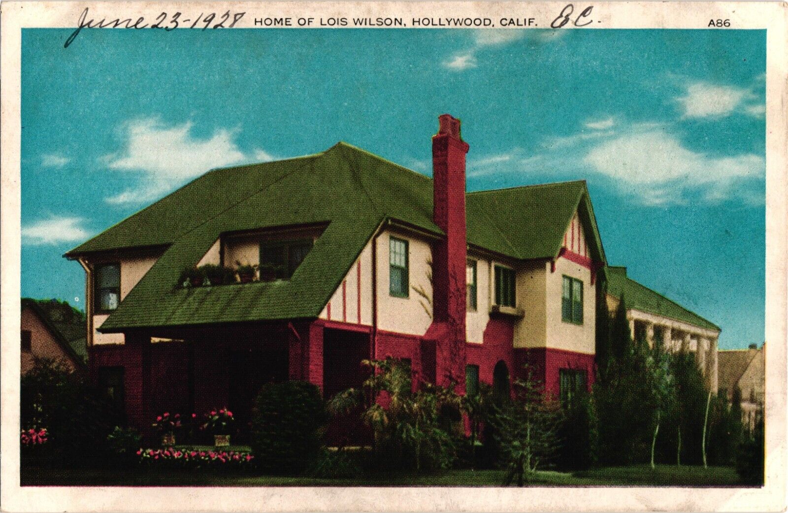 1928 Home of First Miss Alabama & Star Lois Wilson Hollywood California Postcard