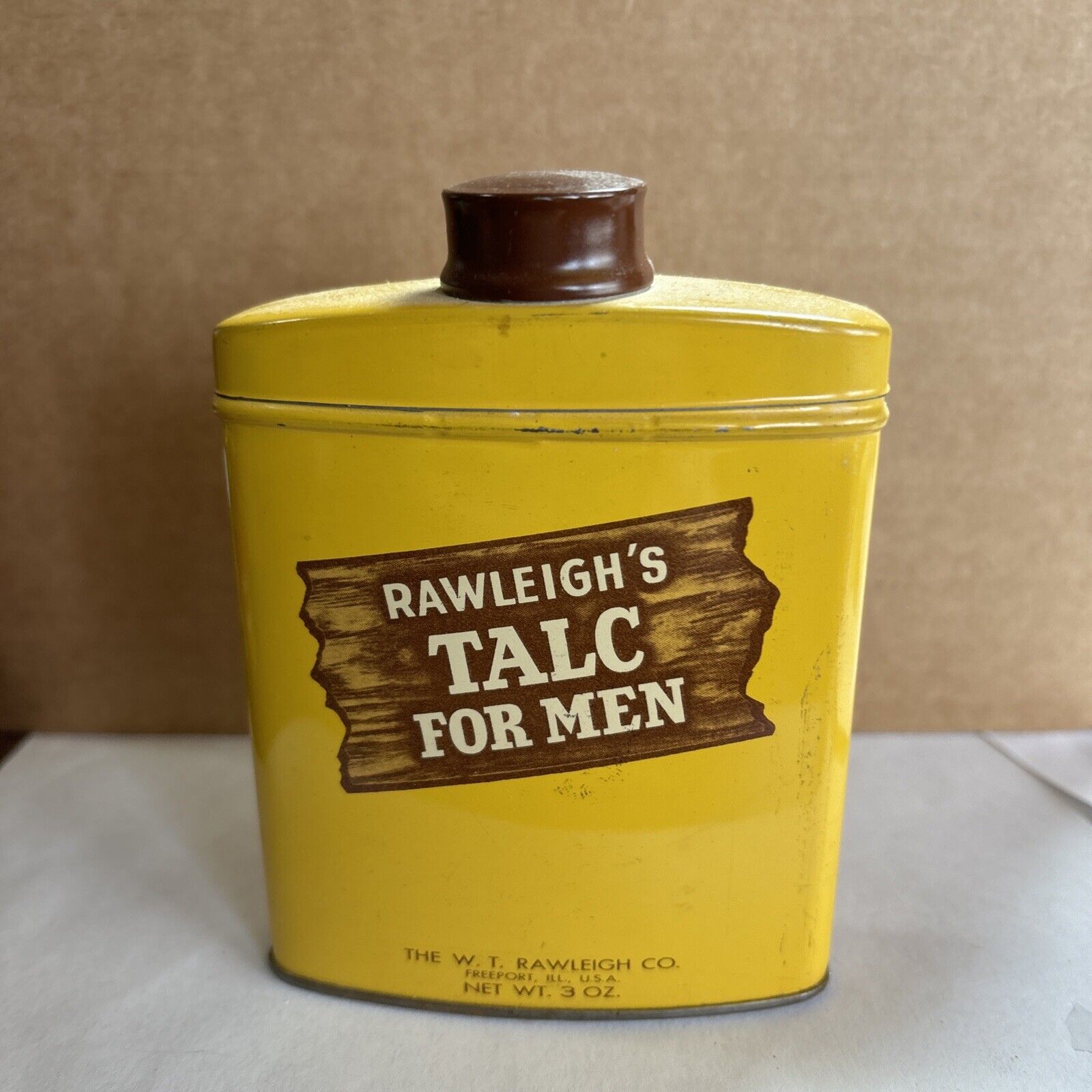 Rawleigh's Talc For Men Flask Shaped Tin Container Vintage 3 Ounce Freeport IL