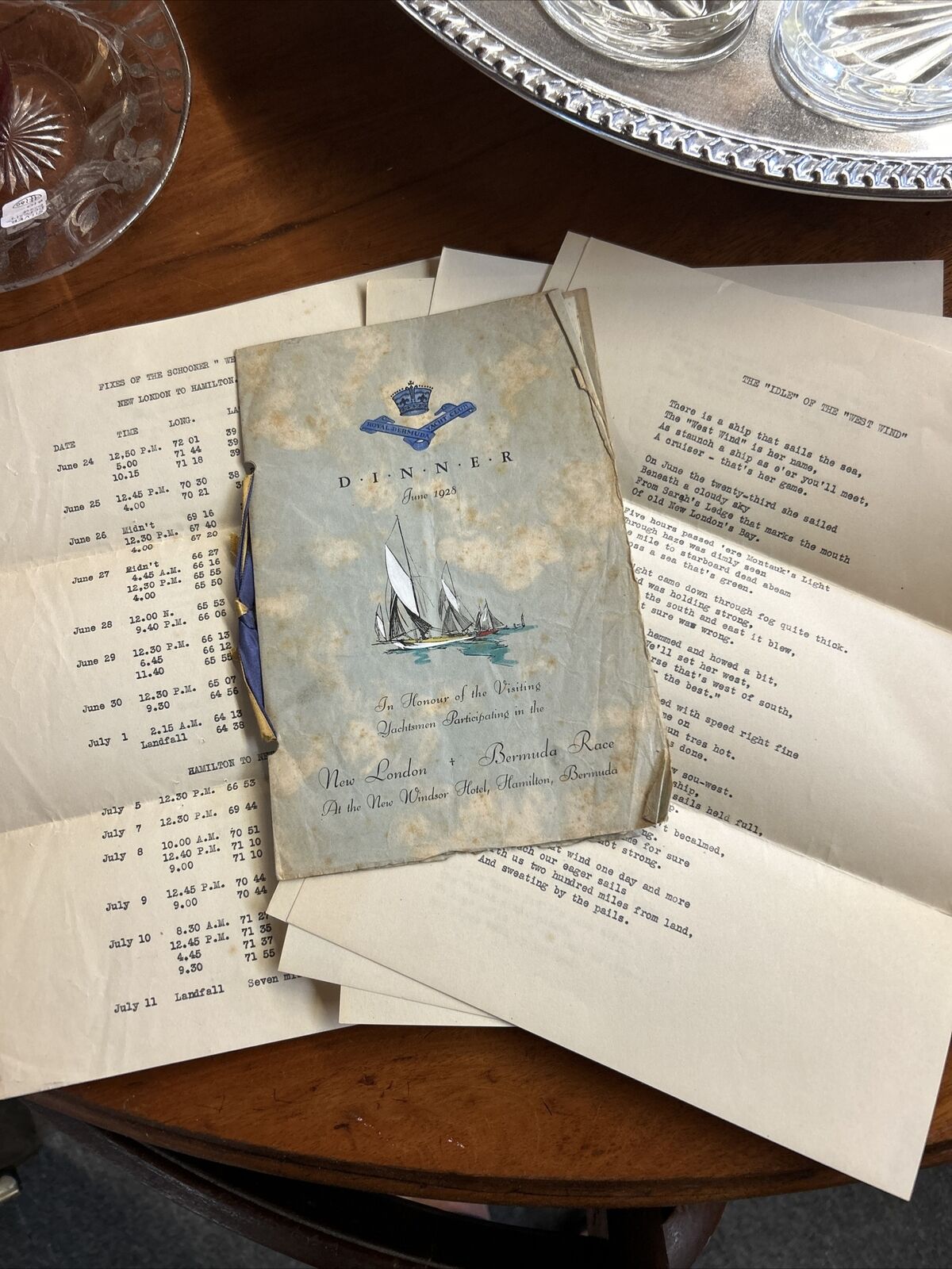 ROYAL BERMUDA YACHT CLUB 1928 Ocean Race DINNER MENU FIXES SCHOONER “WEST WIND “