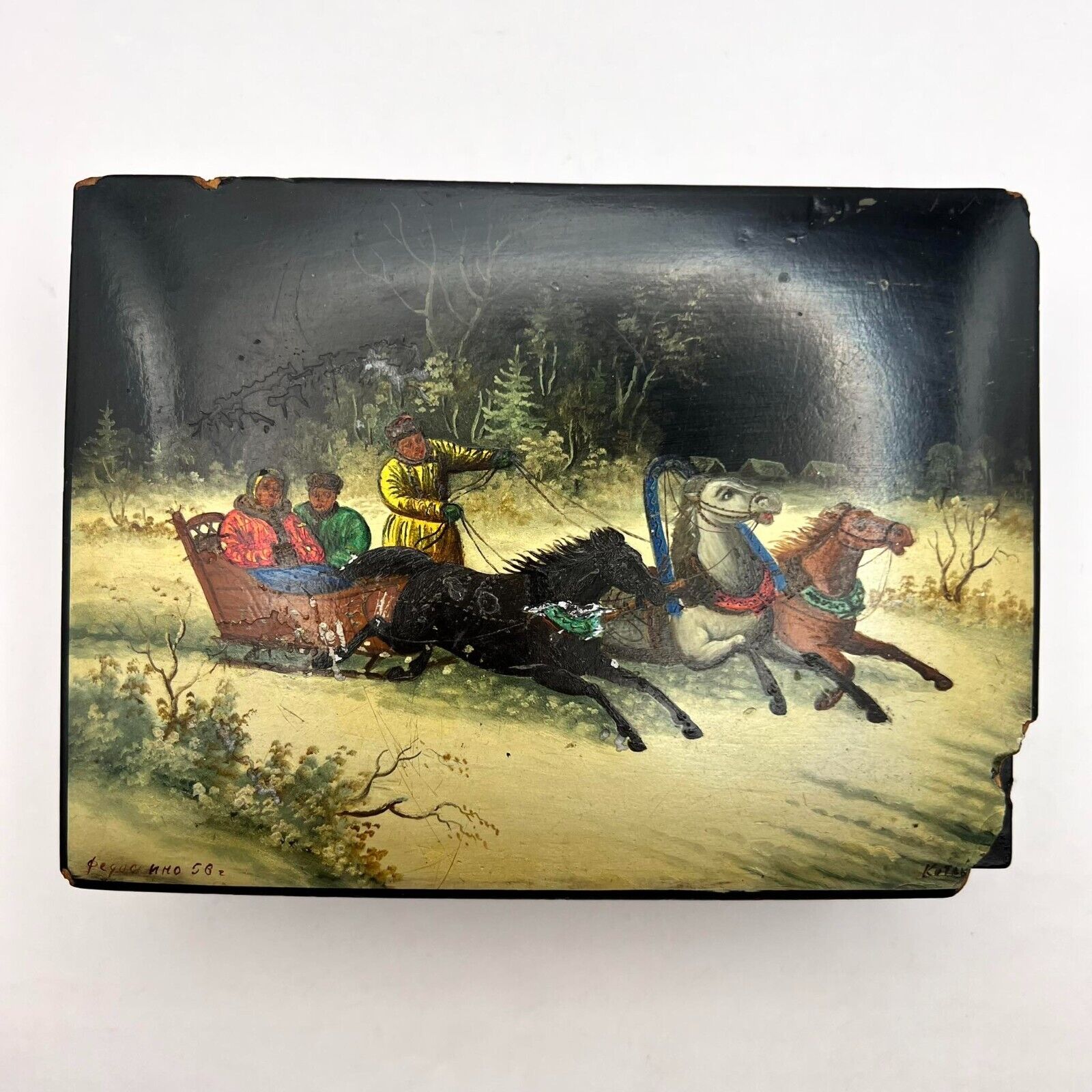 1956 Fedoskino Vintage Hand Painted Wooden Trinket Jewelry Lacquer Box Signed