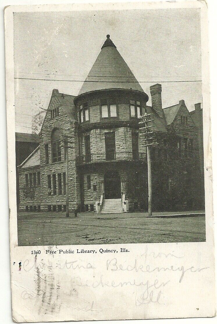 Quincy Postcard IL Free Public Library  Illinois 1906 Antique View