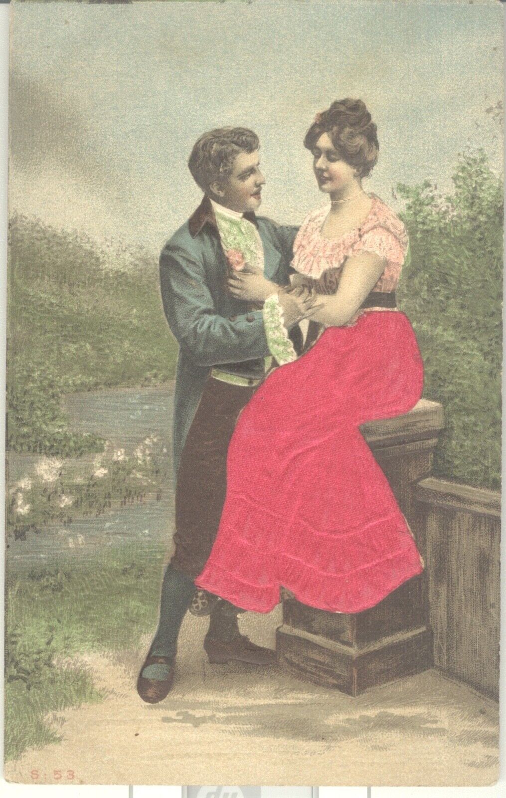 Early circa1908 unposted silk appliqué  Courting Dating Postcard. 