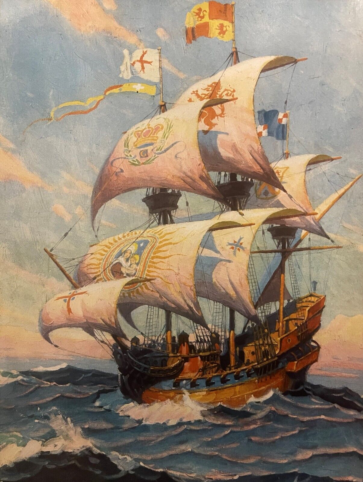 Antique Vintage Original 1930s Spanish Galleon Art Print, Nautical Decor, Sailor
