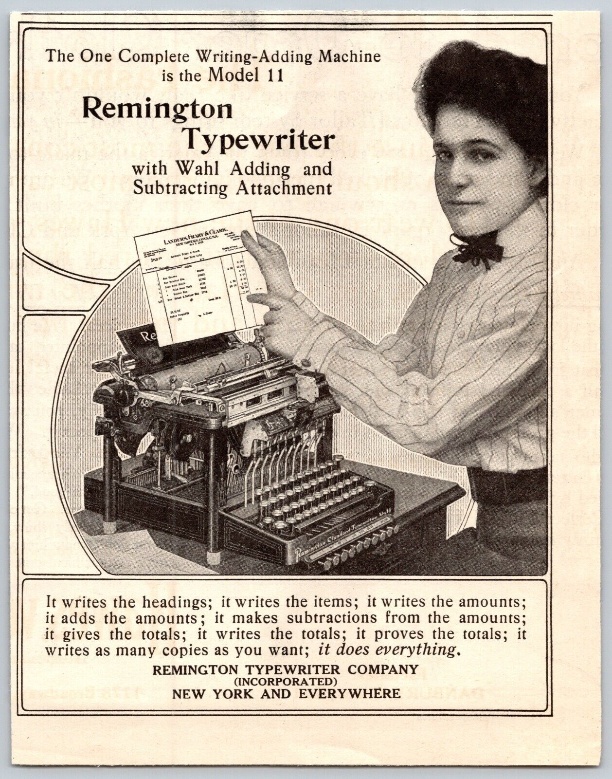 1910 Remington Typewriter Antique Print Ad With Wahl Adding Subtracting Attached