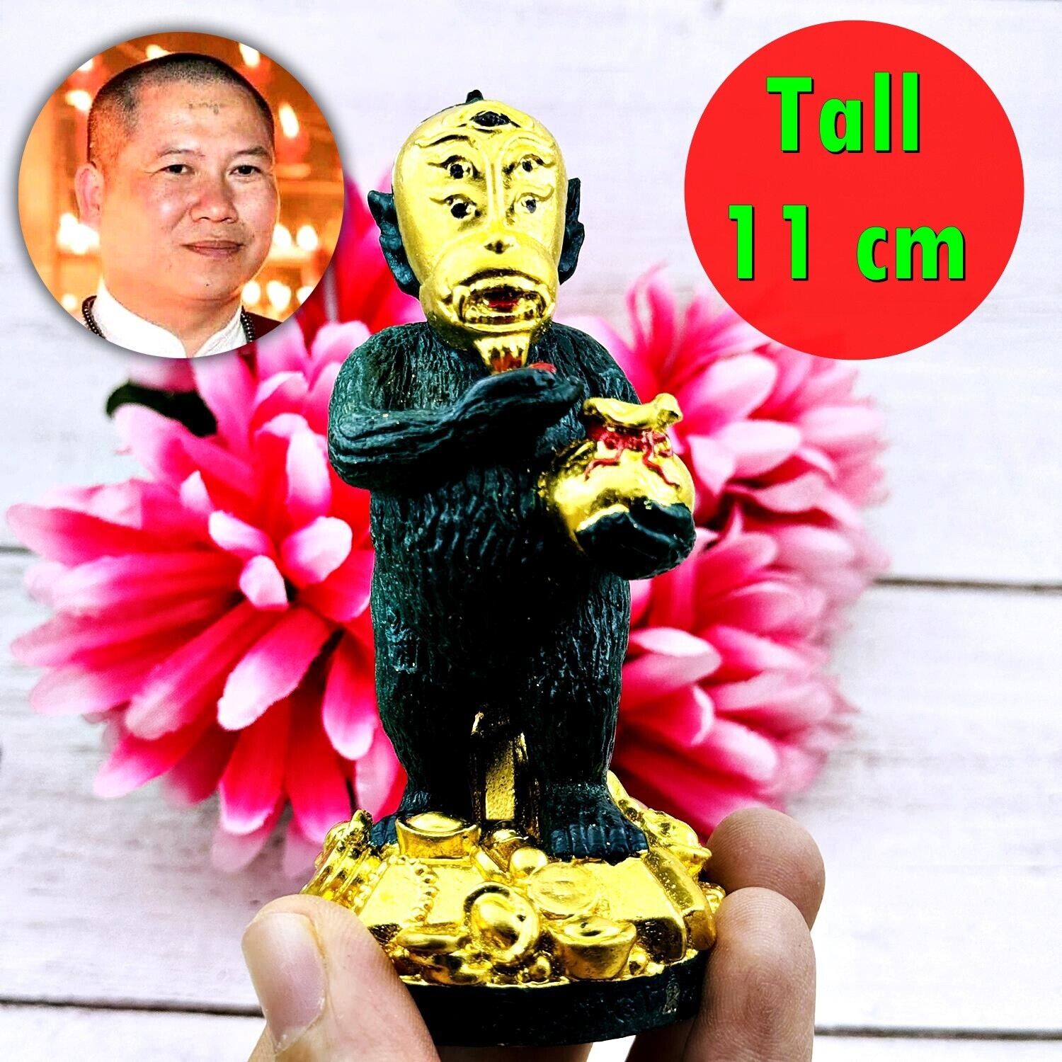 Sihu Hata Gold Face Green Monkey Gambling Win Rich Statue Subin Thai Amulet 0177