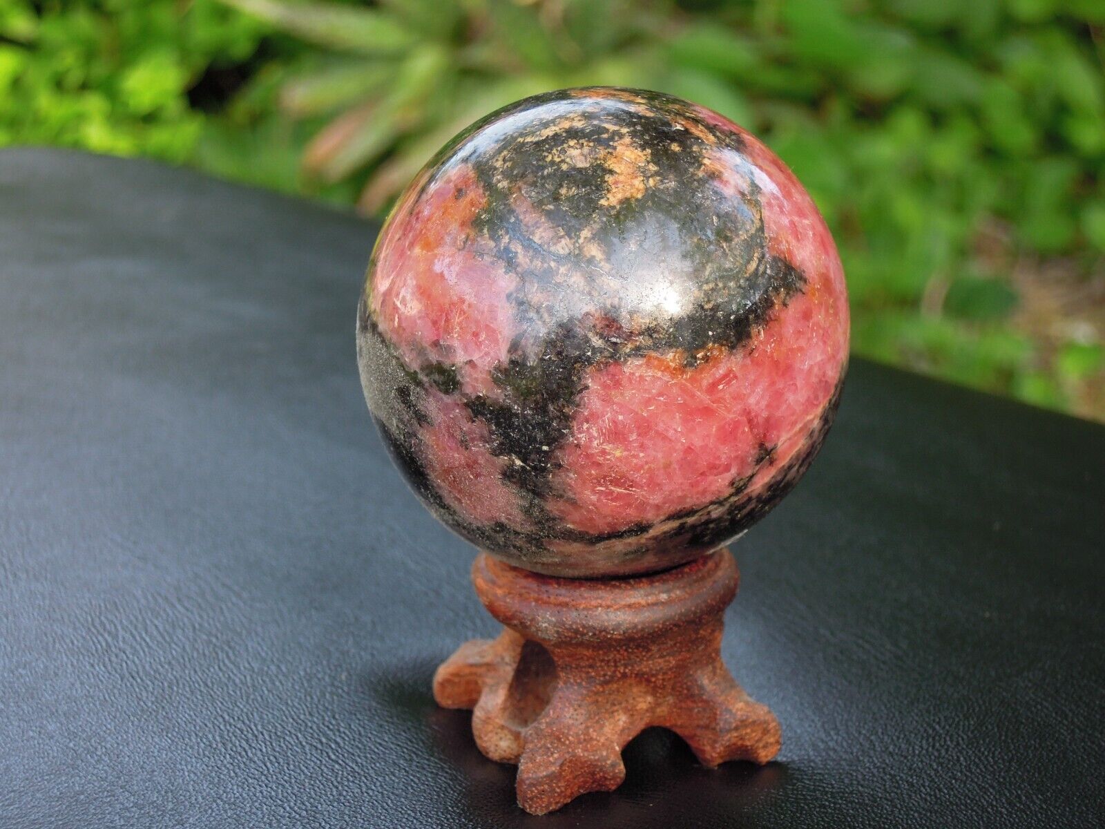 263g Stunning Natural Pink And Black Rhodonite Crystal Sphere w/ STAND
