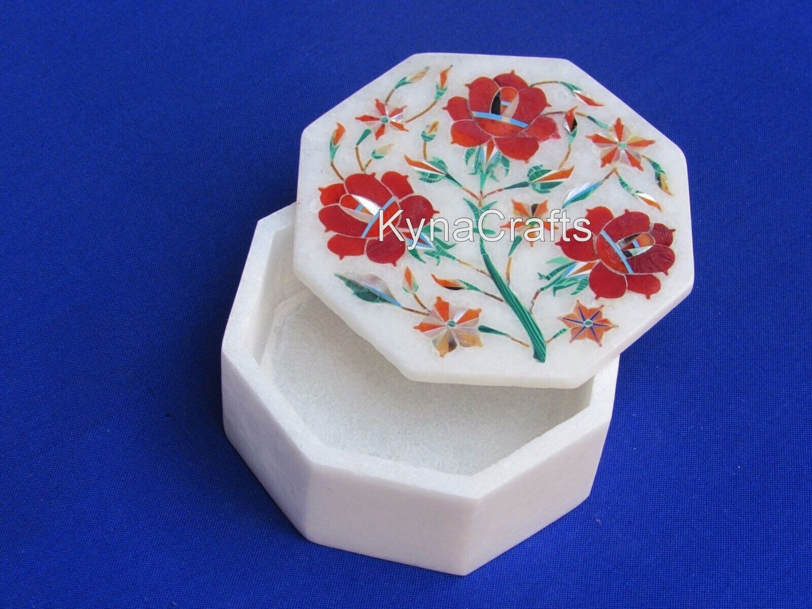 6 x 6 Inches Octagon Marble Cosmetic Box Floral Pattern Inlay Work Jewelry Box