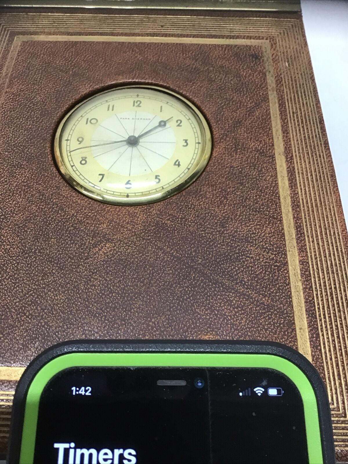 1951 Park-Sherman USA Leather Cover Clock Calendar Journal Lux Mfg Clock Working