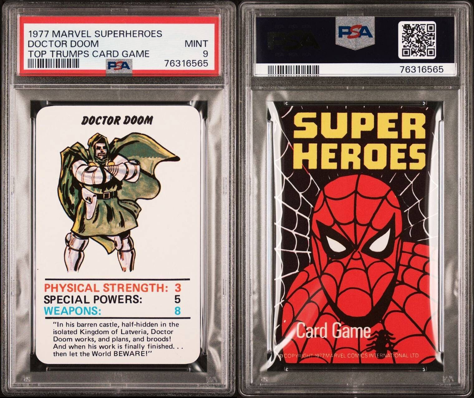 1977 MARVEL SUPERHEROES DOCTOR DOOM TOP TRUMPS CARD GAME PSA 9 MINT POP 2 RARE